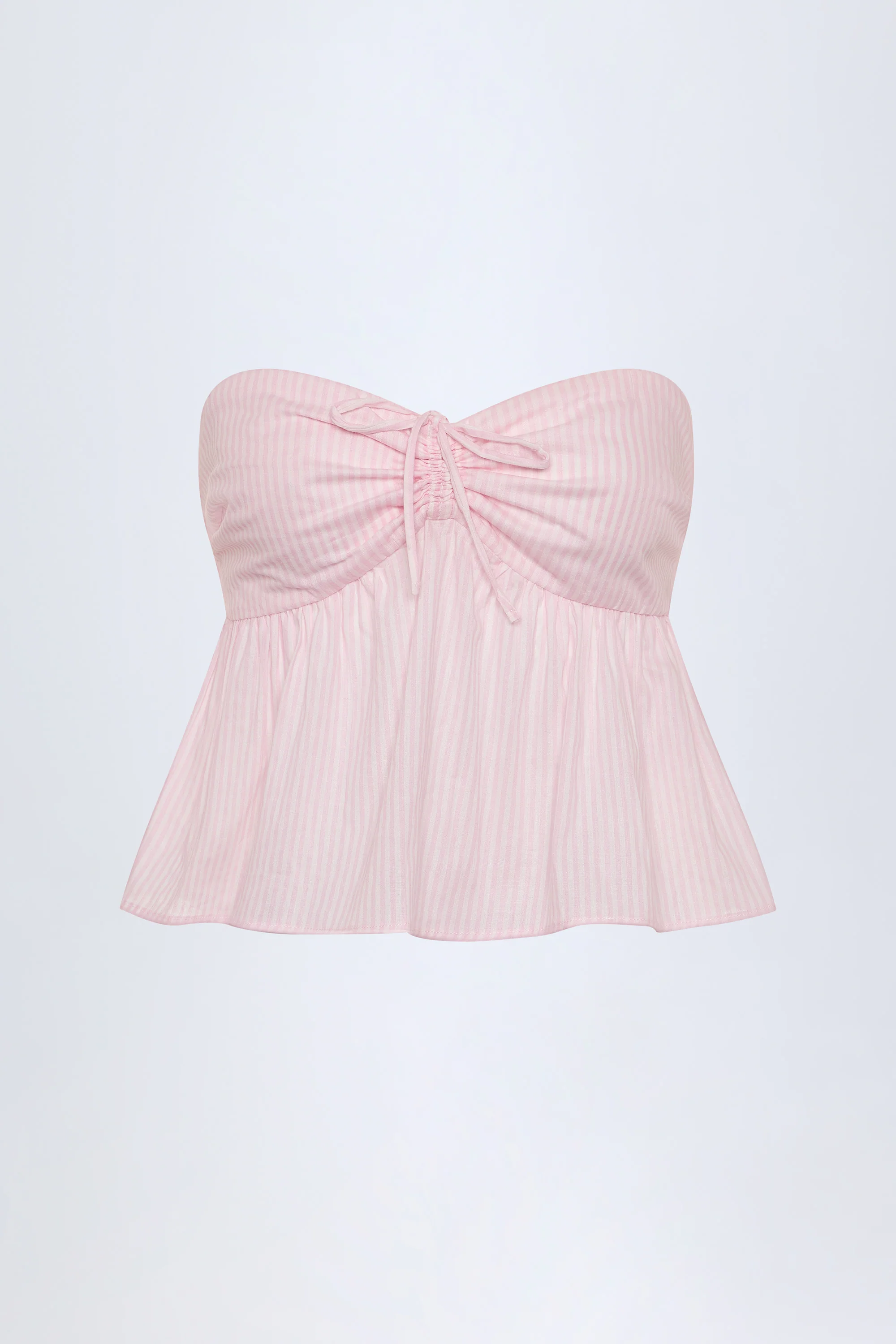 Tie-Front Strapless Cotton-Poplin Crop Top in Pink White Stripe - Image 9