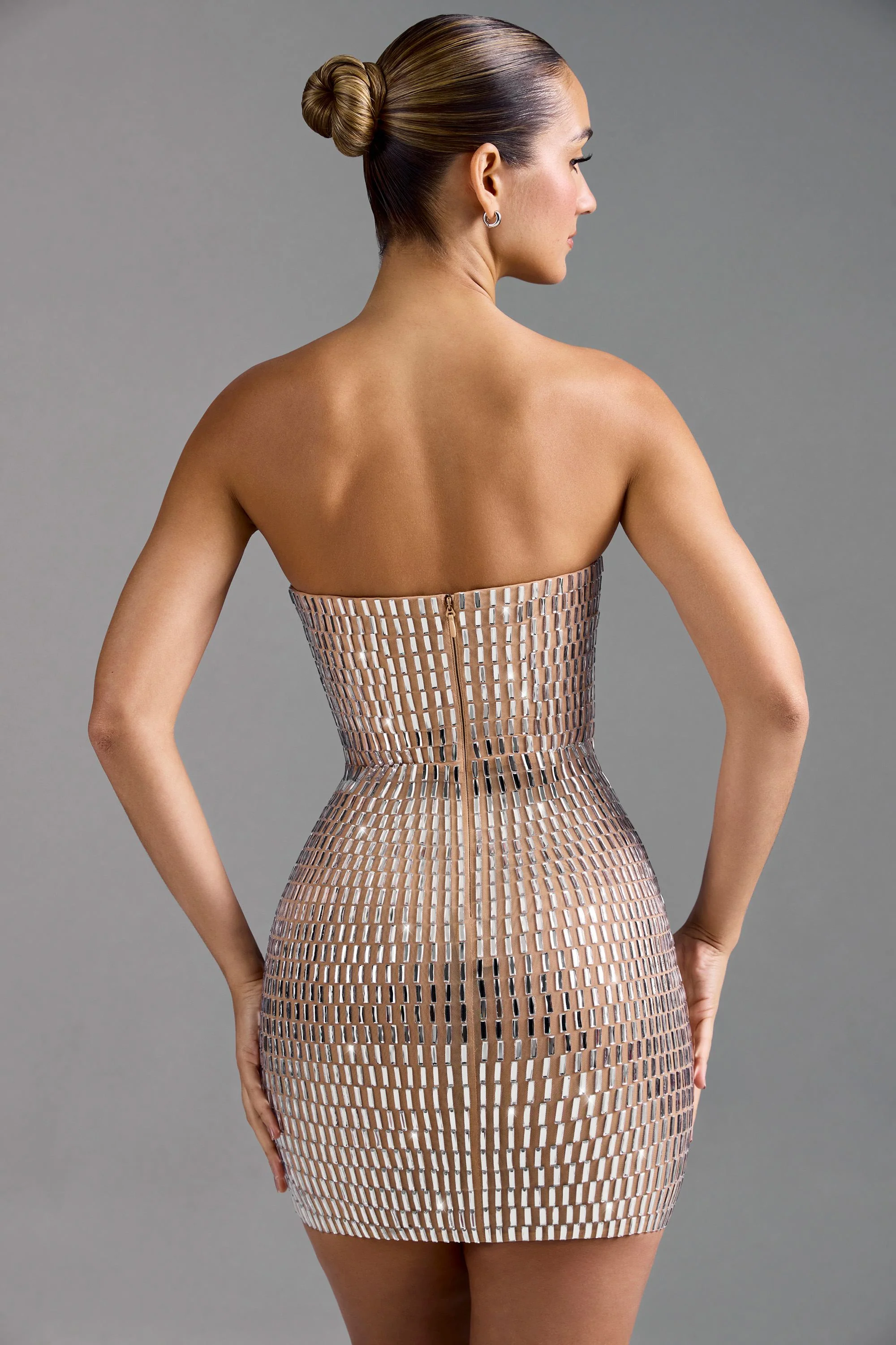 Embellished Bandeau Mini Dress in Almond - Image 3