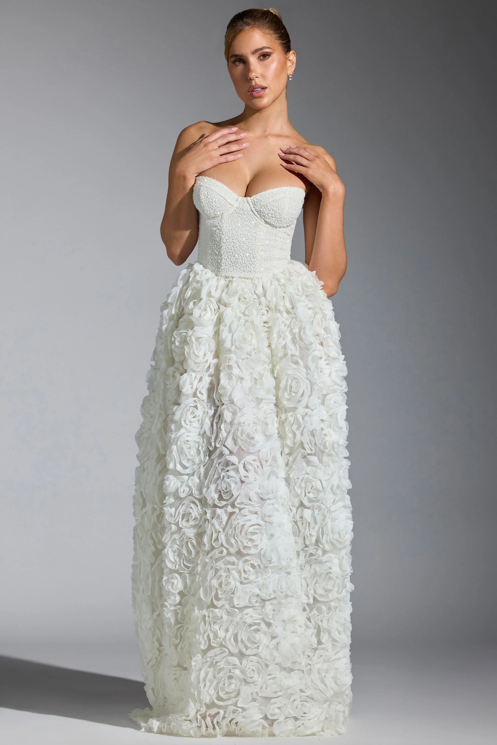 Embellished Floral-Appliqué Corset Gown in White - Image 8