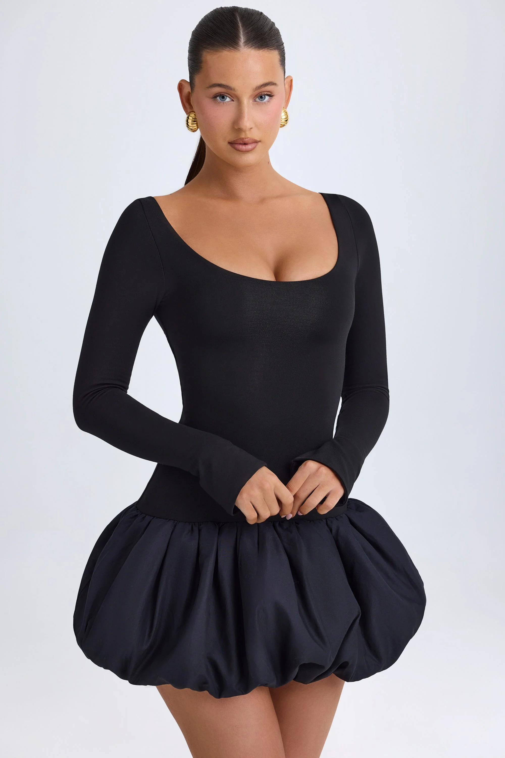 Modal Scoop-Neck Drop-Waist Bubble Hem Mini Dress in Black - Image 6
