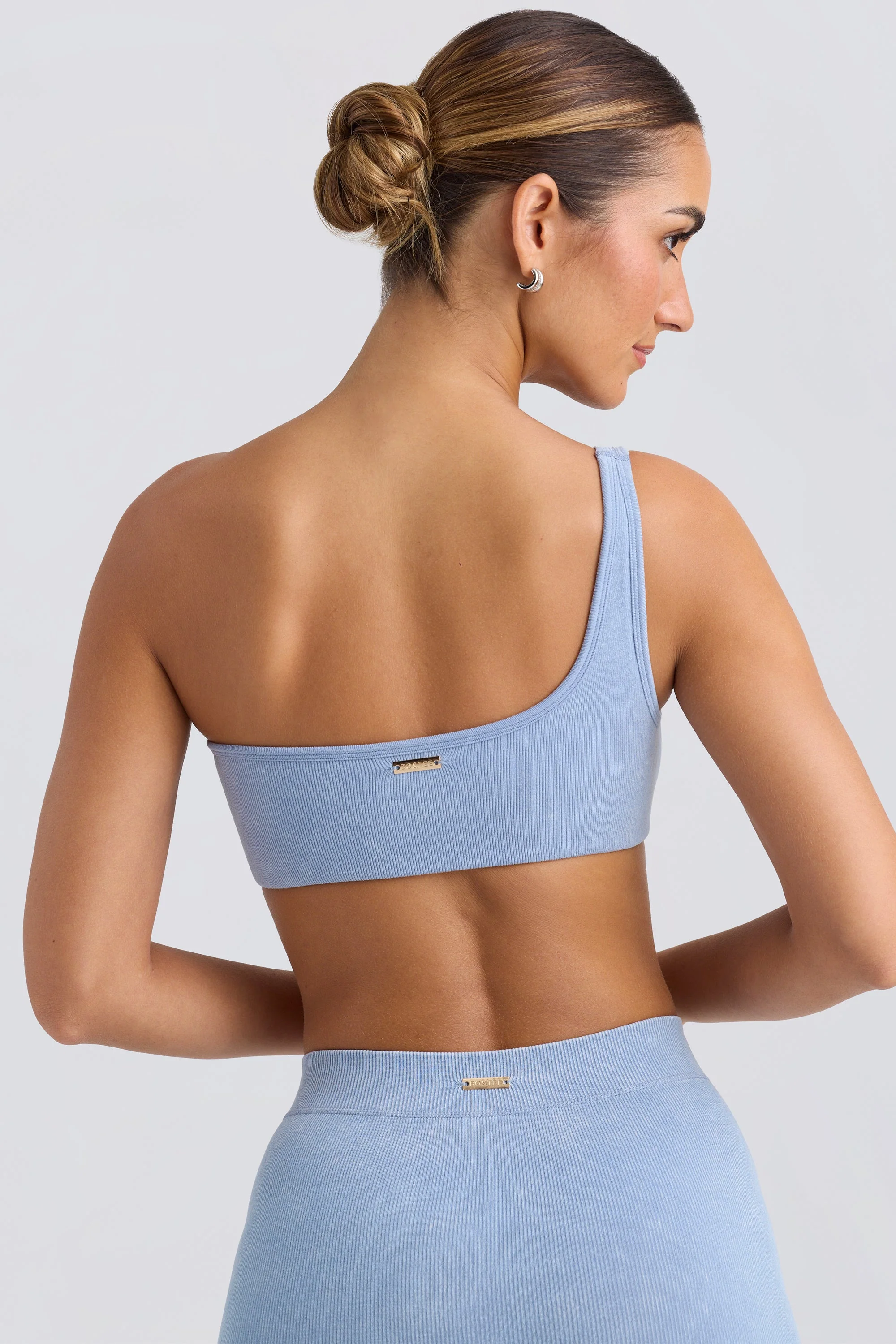 One-Shoulder Sports Bra in Washed Blue - Image 2
