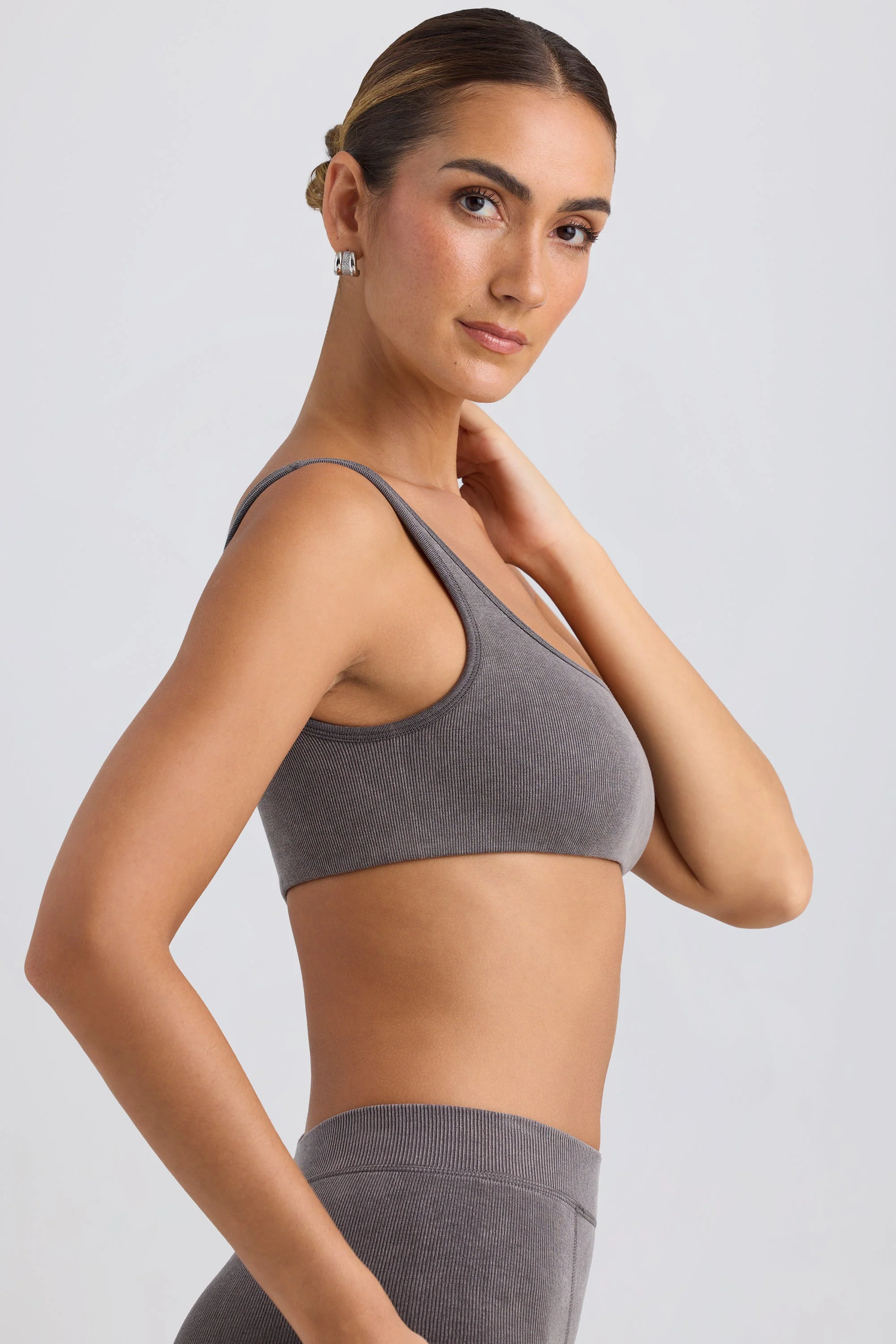One-Shoulder Sports Bra in Washed Charcoal - Image 3