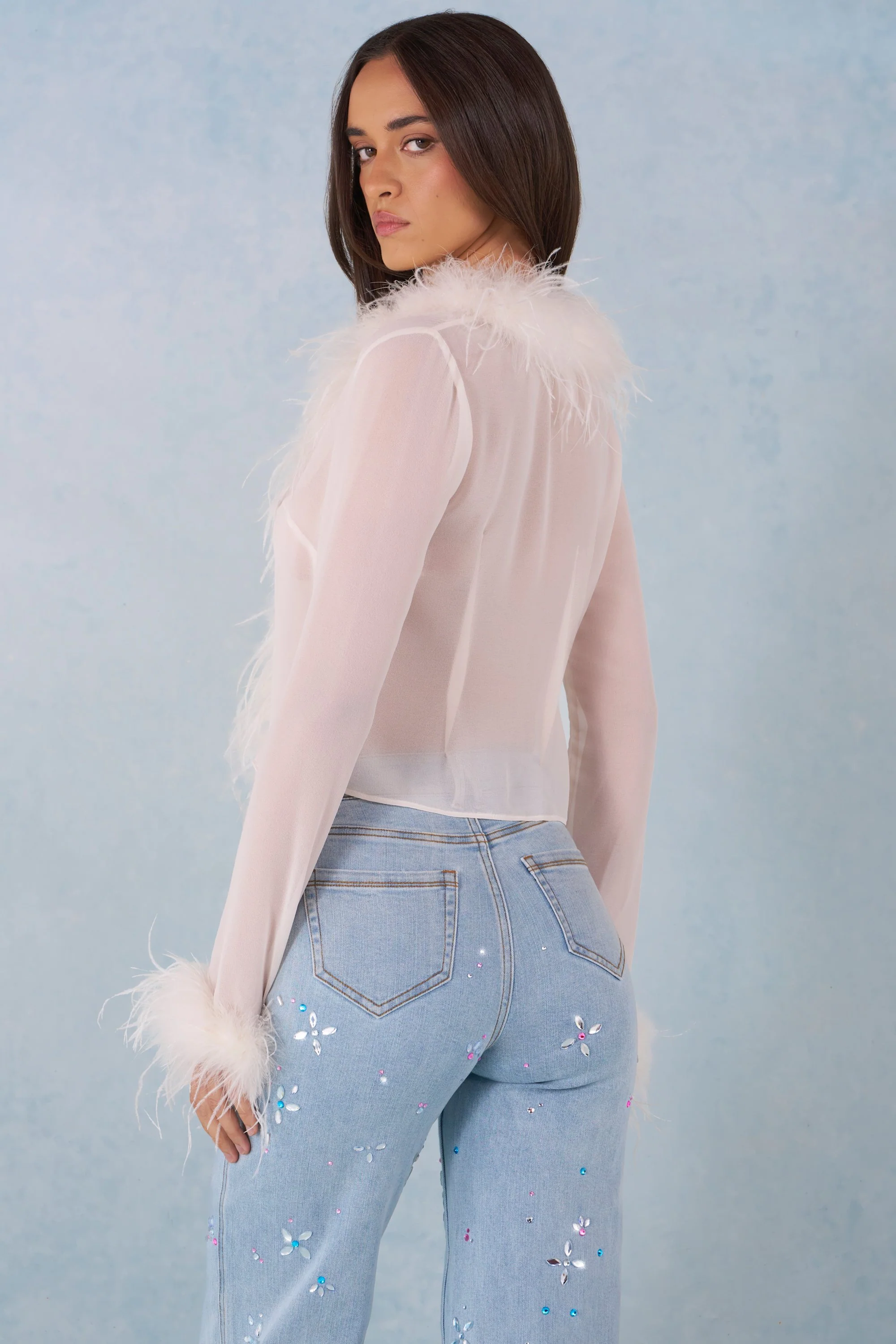 Feather Trim Sheer Top in Ivory - Image 2