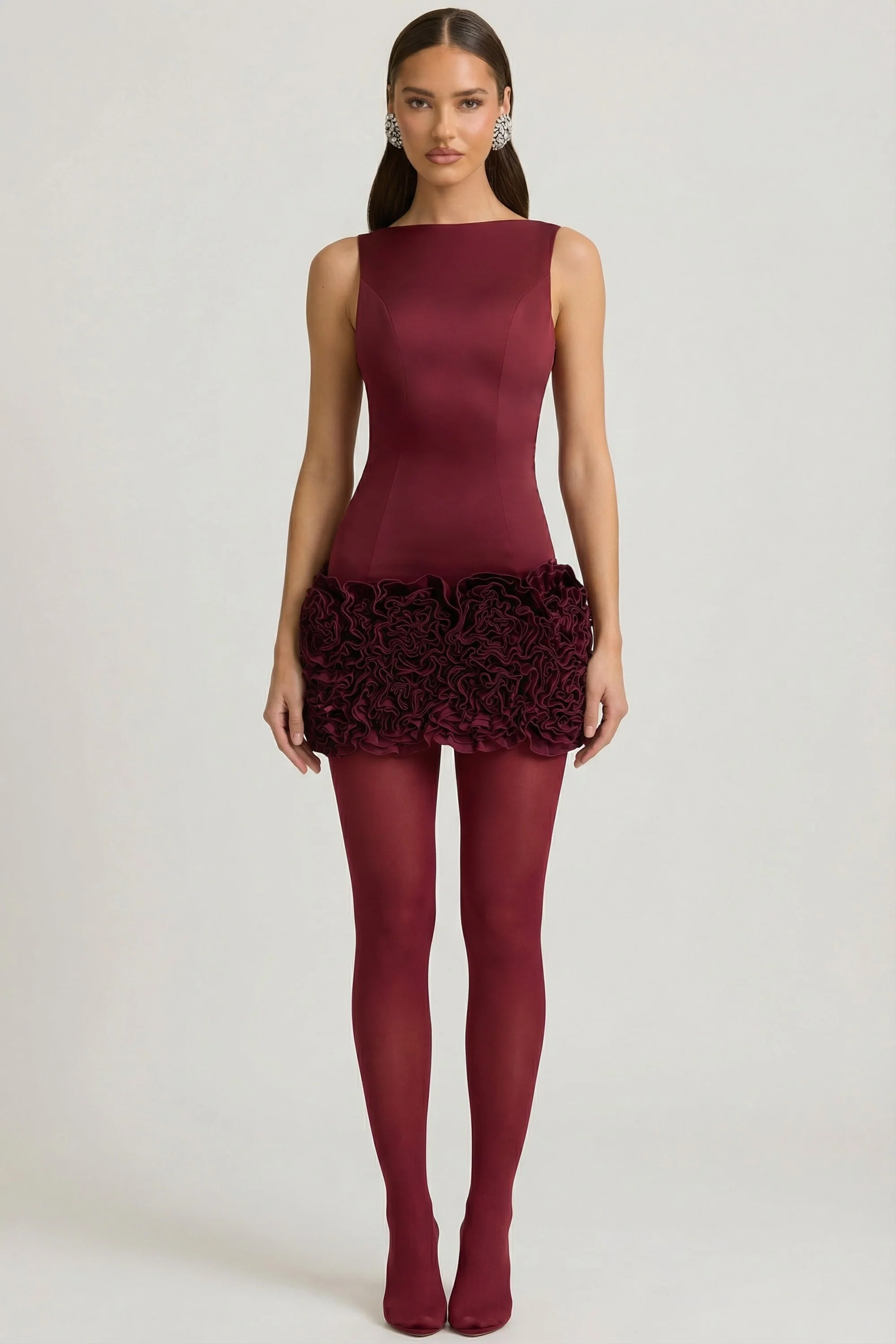 Satin Floral Appliqué Open-Back Mini Dress in Wine Red - Image 5