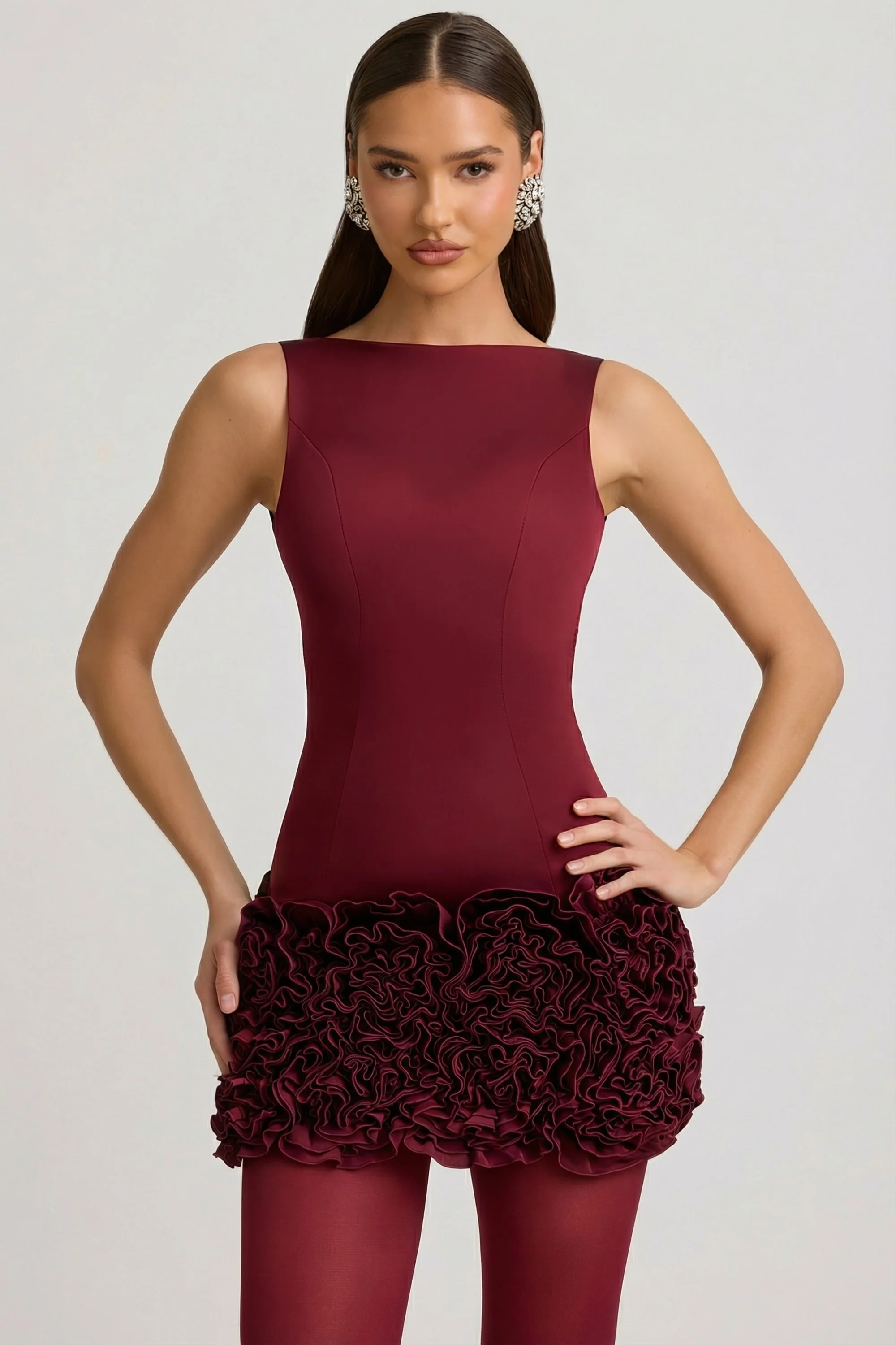 Satin Floral Appliqué Open-Back Mini Dress in Wine Red - Image 6