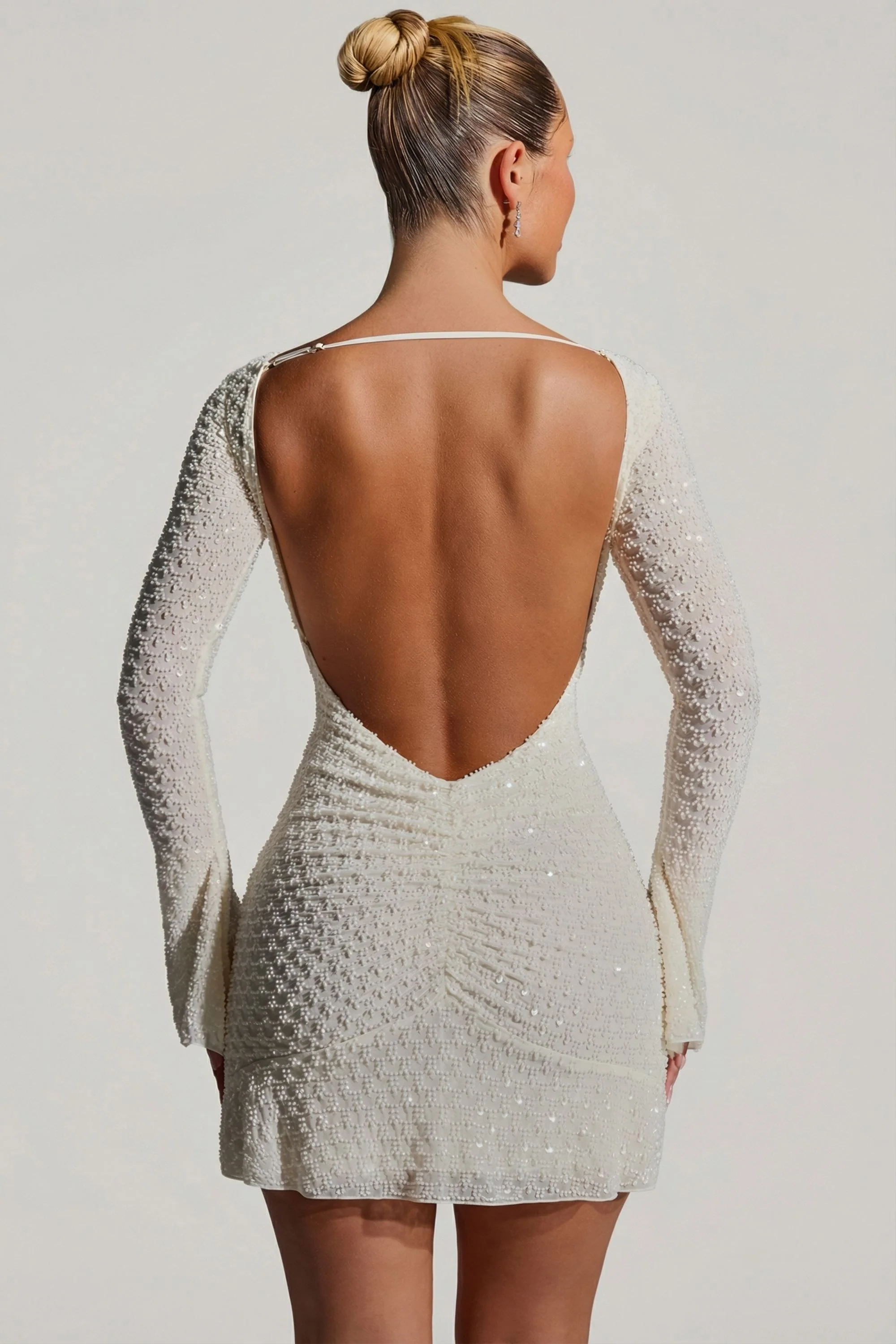 Embellished Open-Back A-Line Mini Dress in White - Image 2