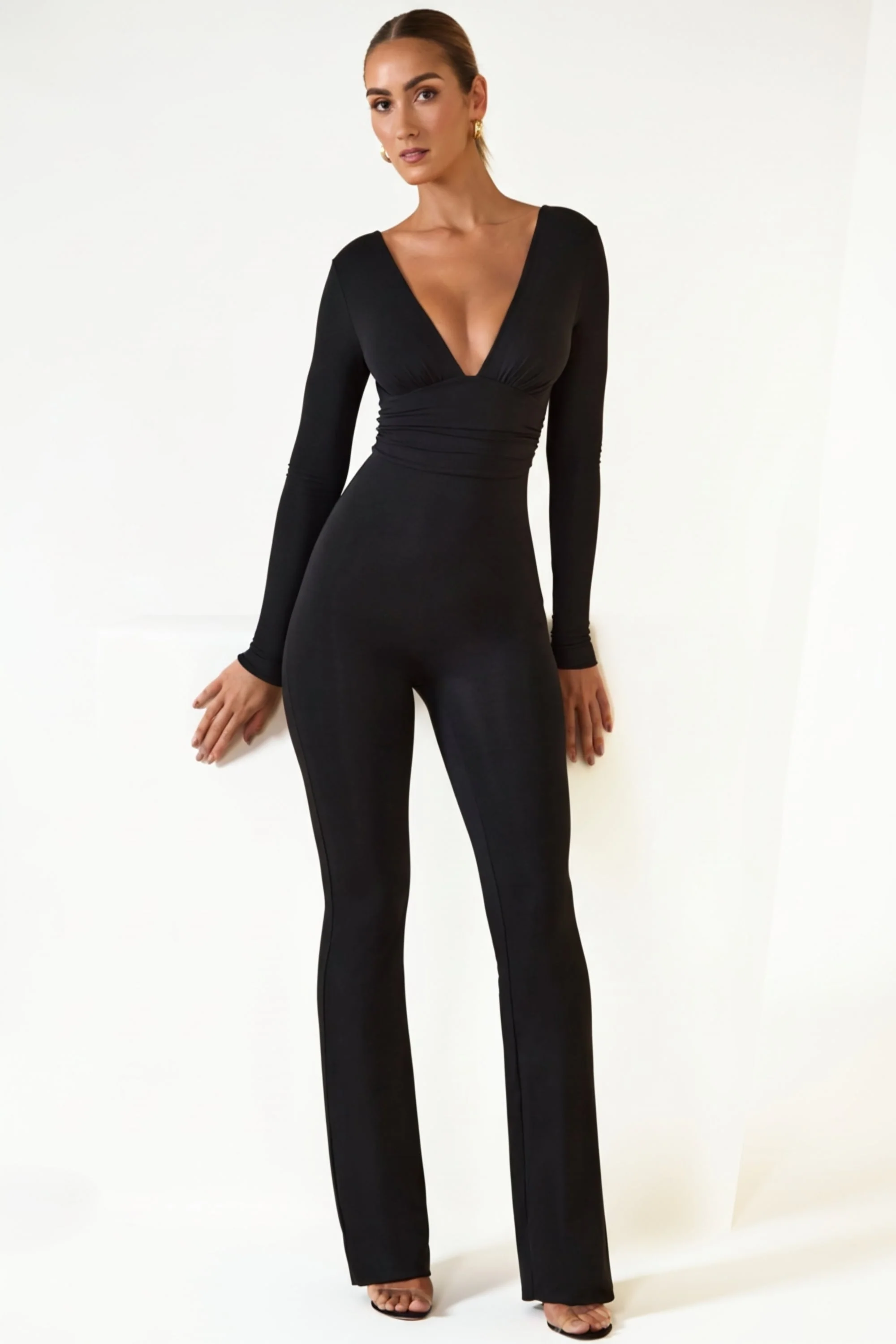 Modal Ruched Plunge Flared Jumpsuit in Black