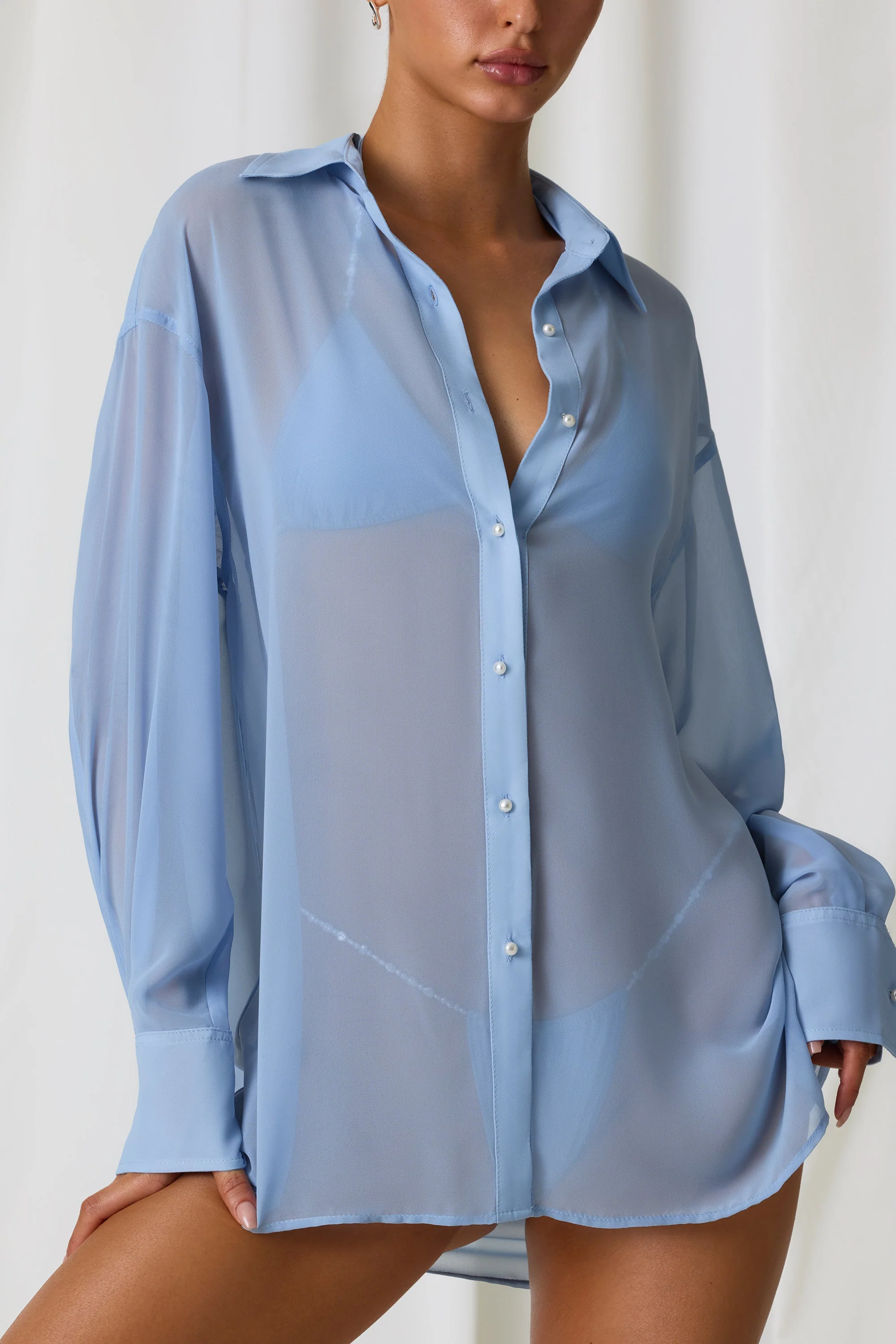 Pearl-Detail Oversized Shirt in Sky Blue - Image 4