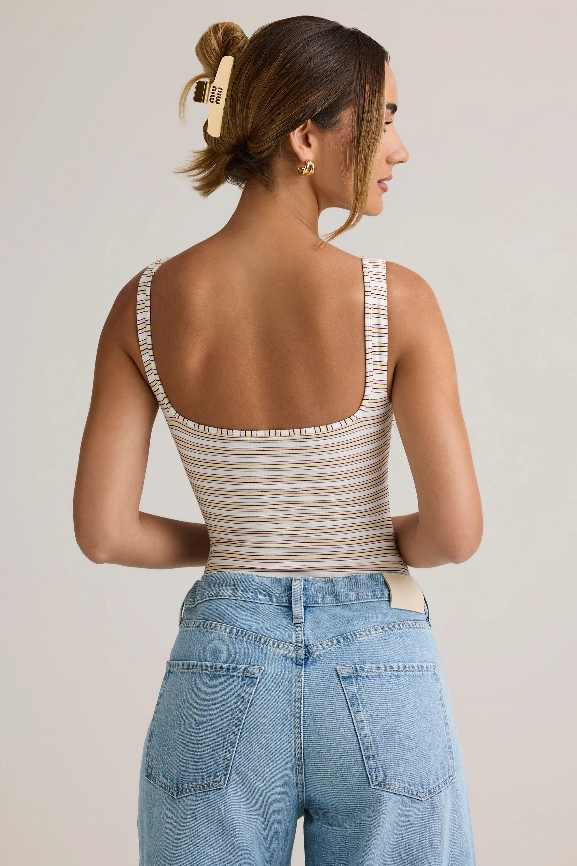 Modal Square-Neck Bodysuit in Pink Yellow Stripe - Image 2