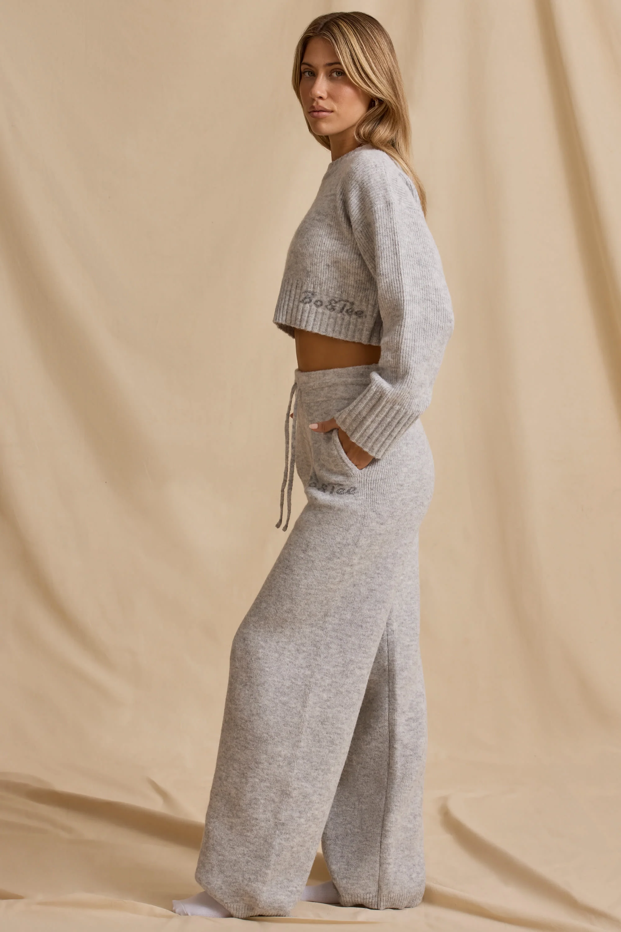 Ribbed Knit Mid-Rise Wide-Leg Joggers in Ice Marl - Image 3