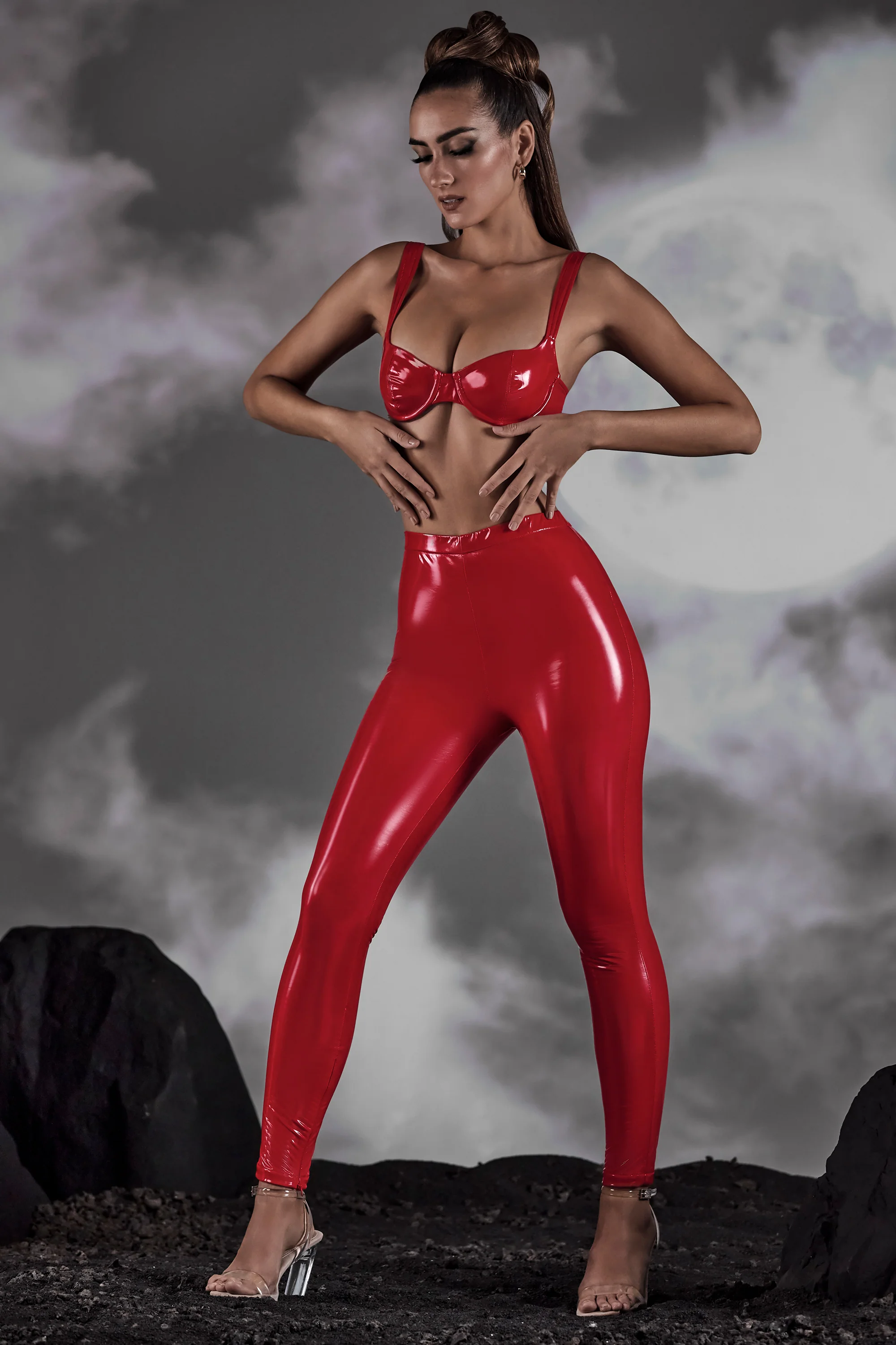 High Waist Vinyl Leggings in Red - Image 6