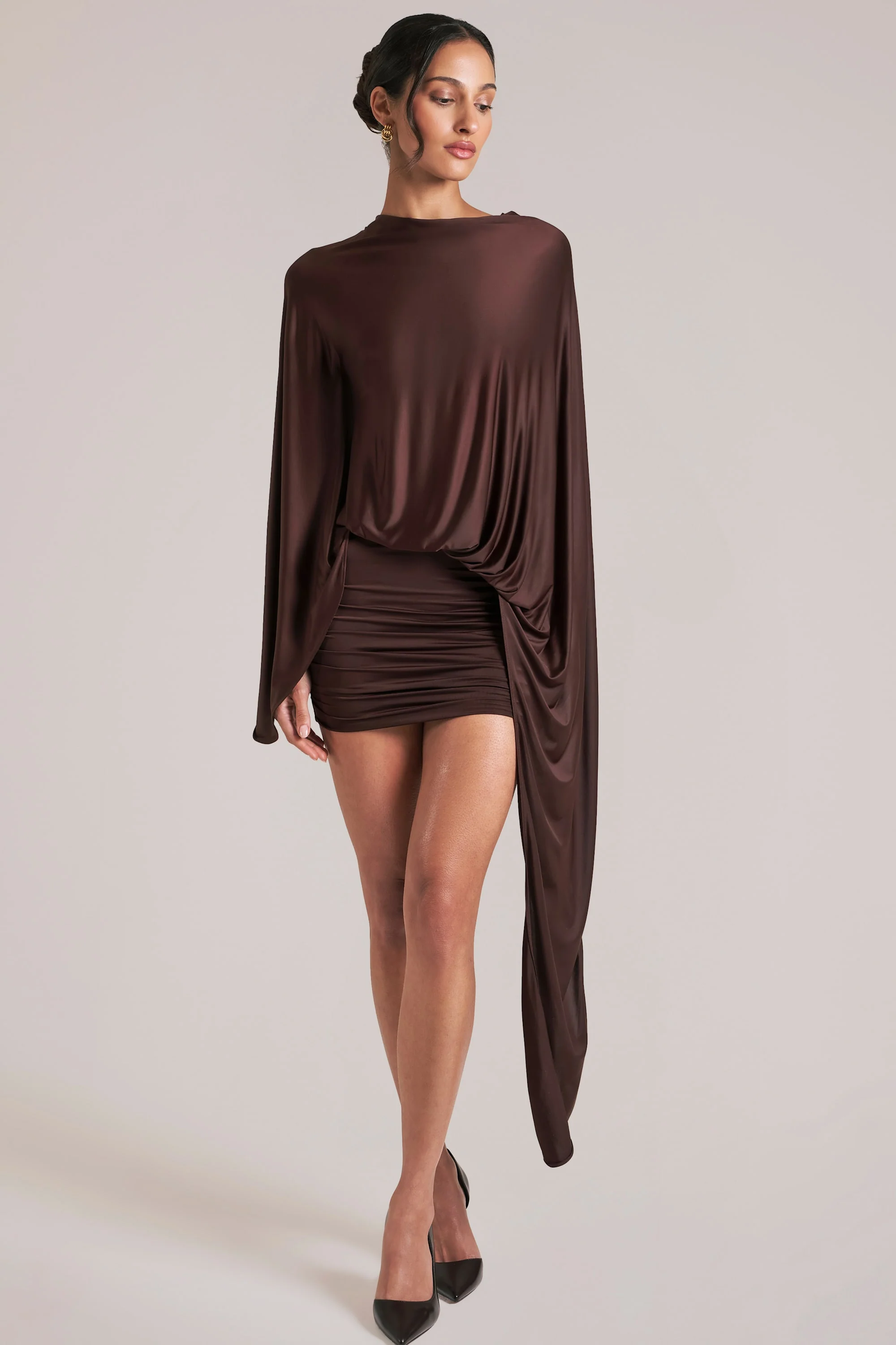 Draped Cape Mini Dress in Chocolate Brown - Image 2