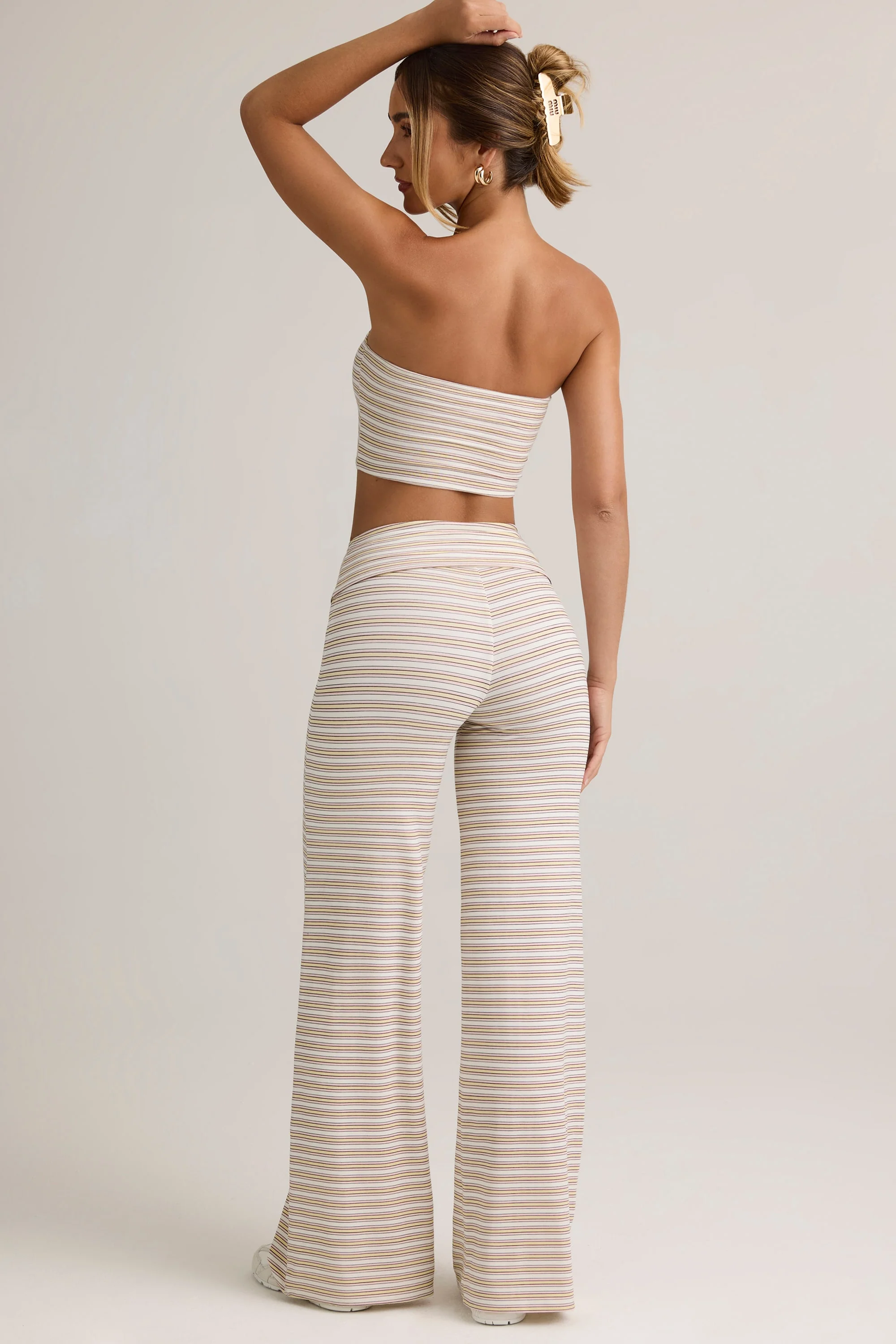 Modal Foldover Wide-Leg Trousers in Pink & Yellow Stripe - Image 2
