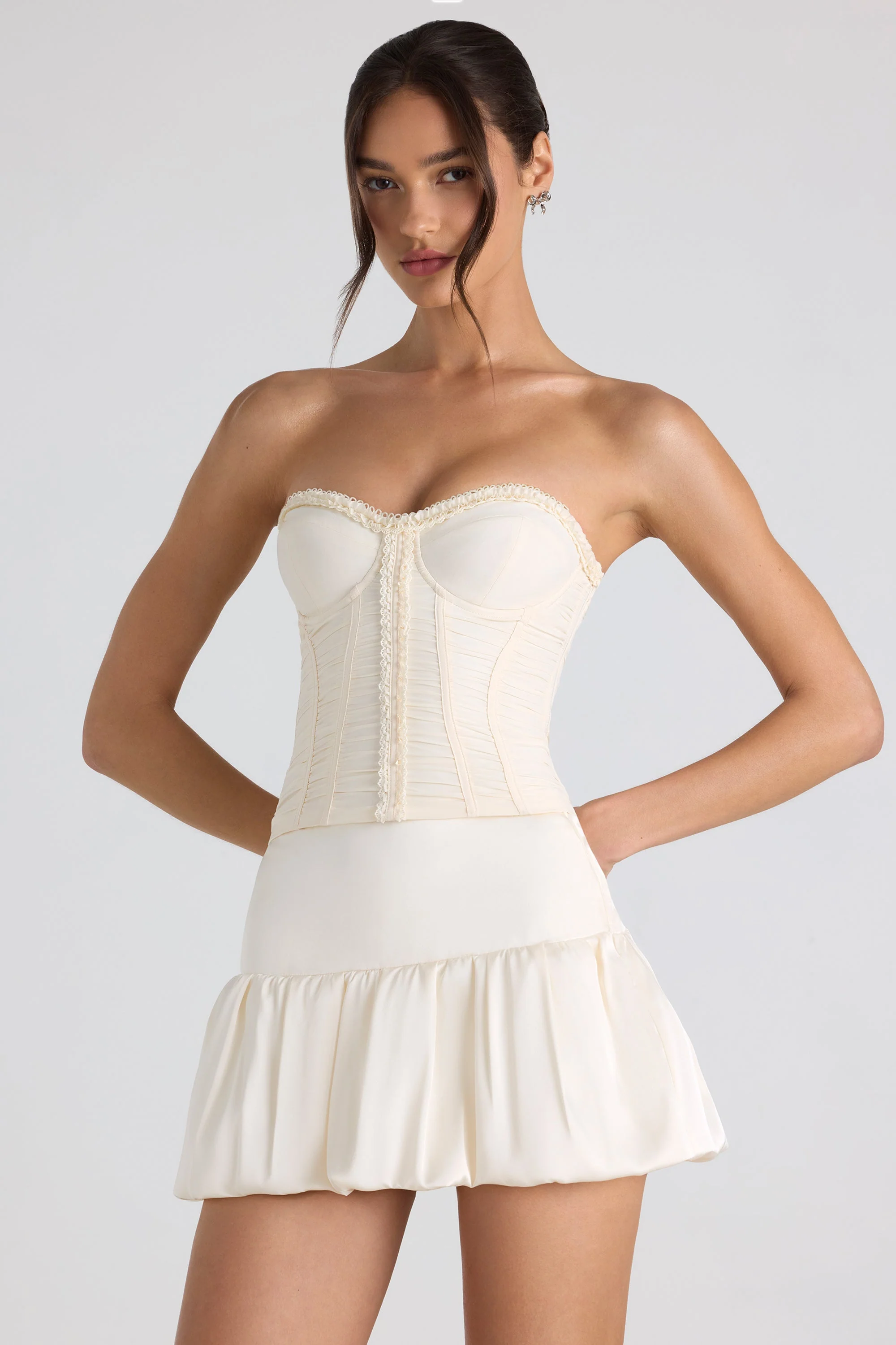 Ruched Lace-Up Strapless Corset Top in Ivory - Image 10