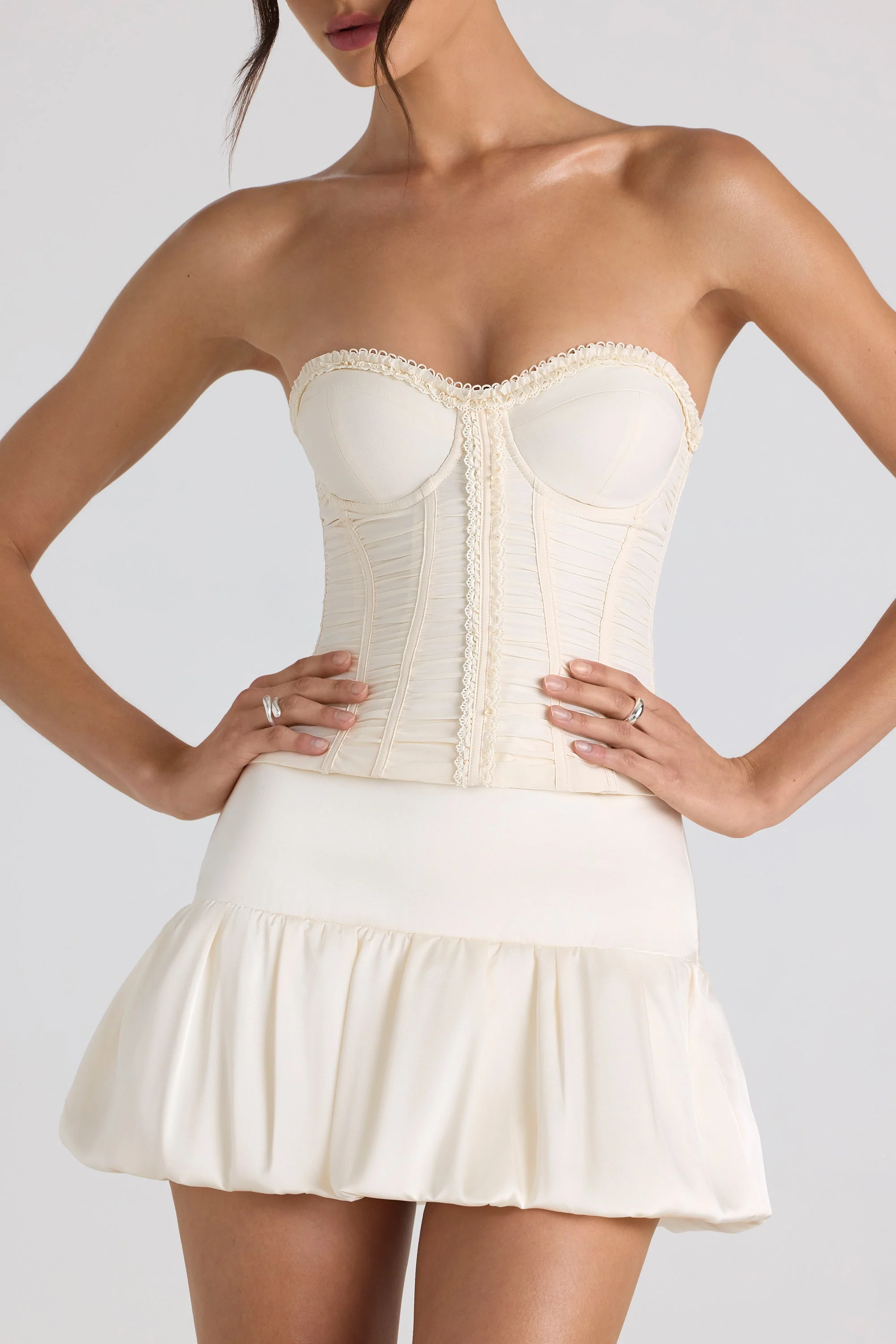 Ruched Lace-Up Strapless Corset Top in Ivory - Image 4