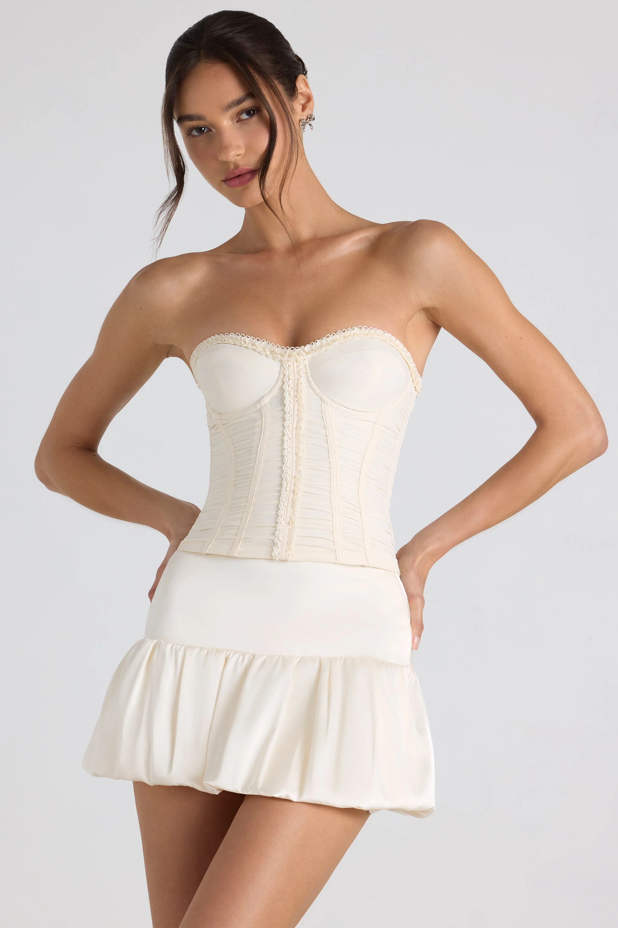 Ruched Lace-Up Strapless Corset Top in Ivory - Image 8