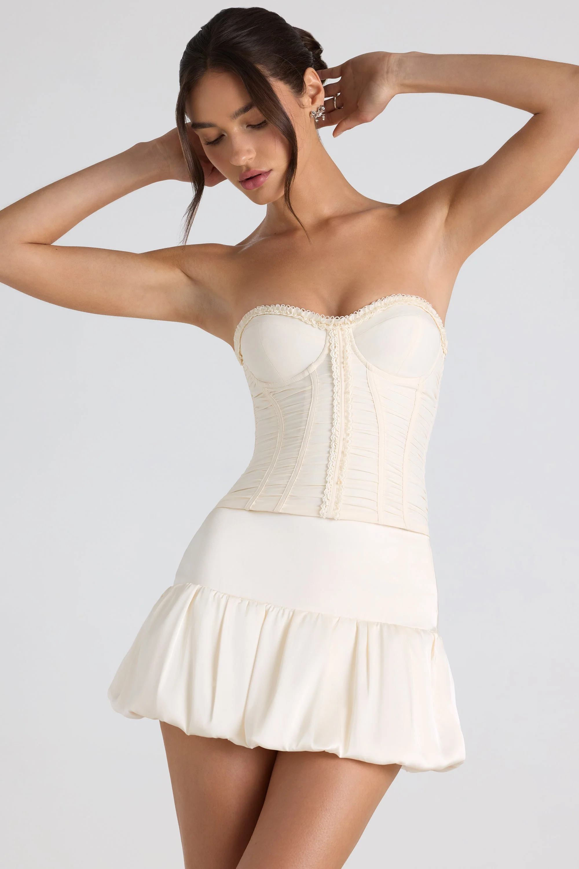 Ruched Lace-Up Strapless Corset Top in Ivory - Image 9