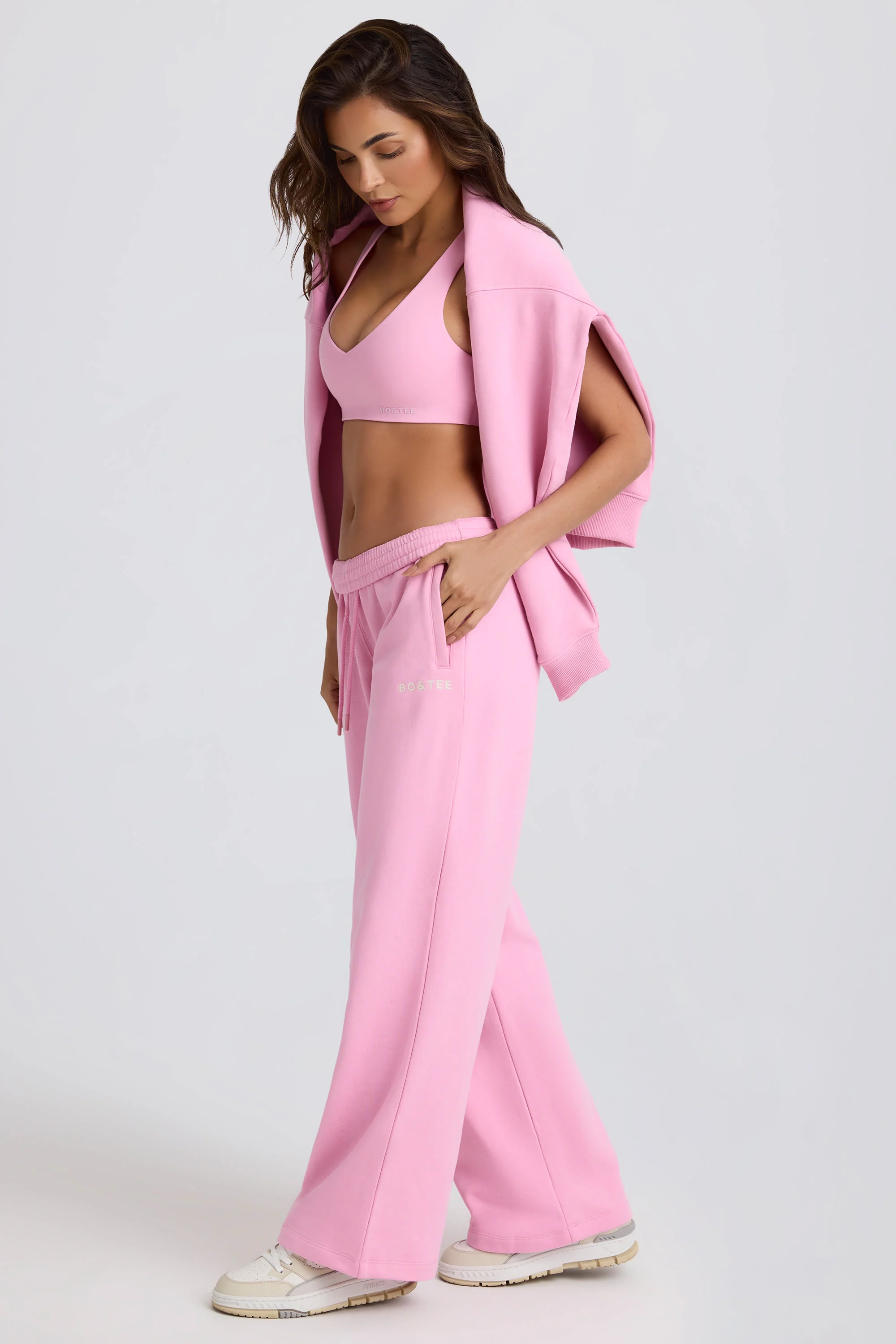 Soft Cotton Jersey Mid-Rise Wide-Leg Joggers in Baby Pink - Image 3