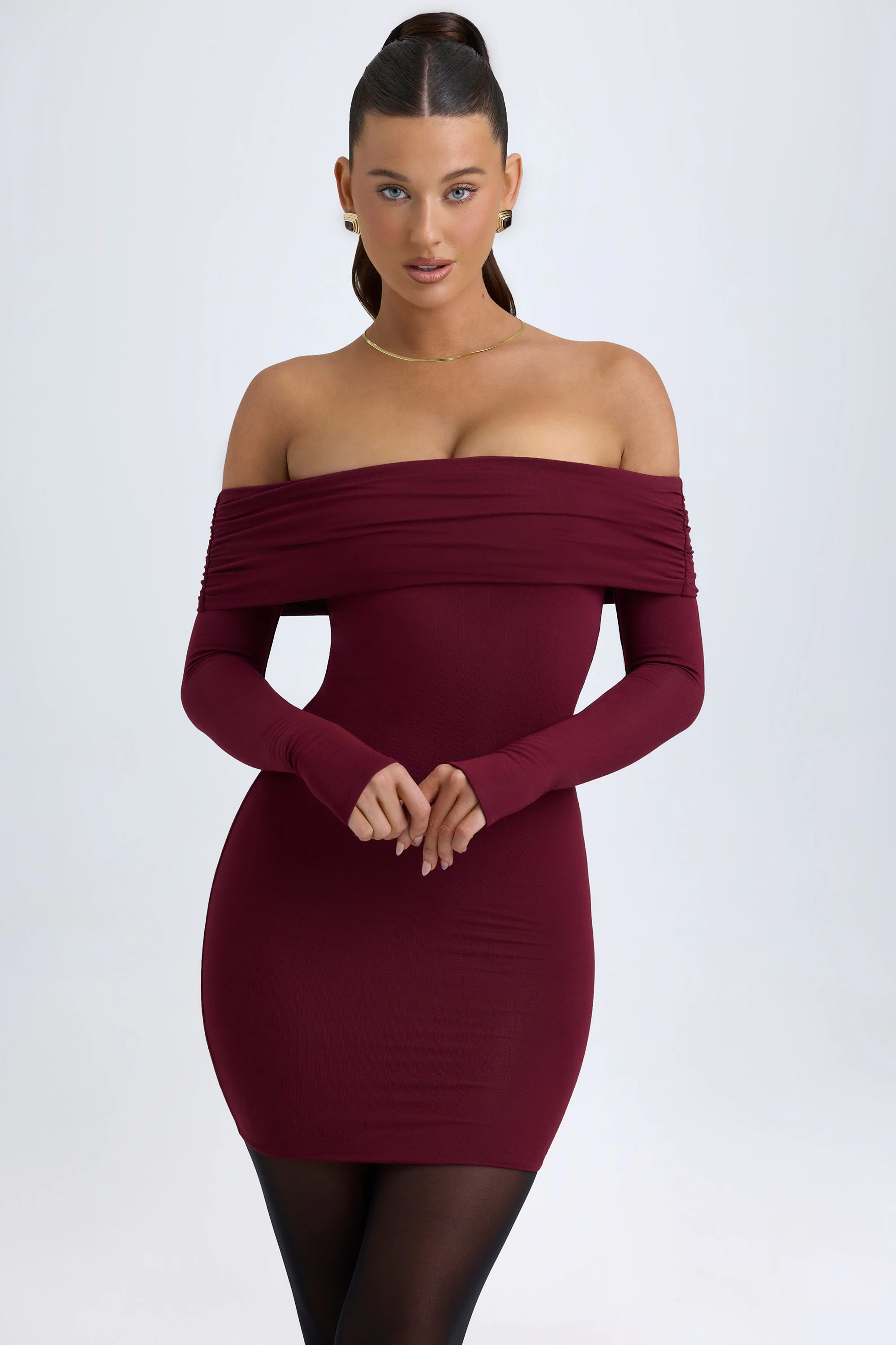 Modal Off-Shoulder Mini Dress in Wine Red - Image 7