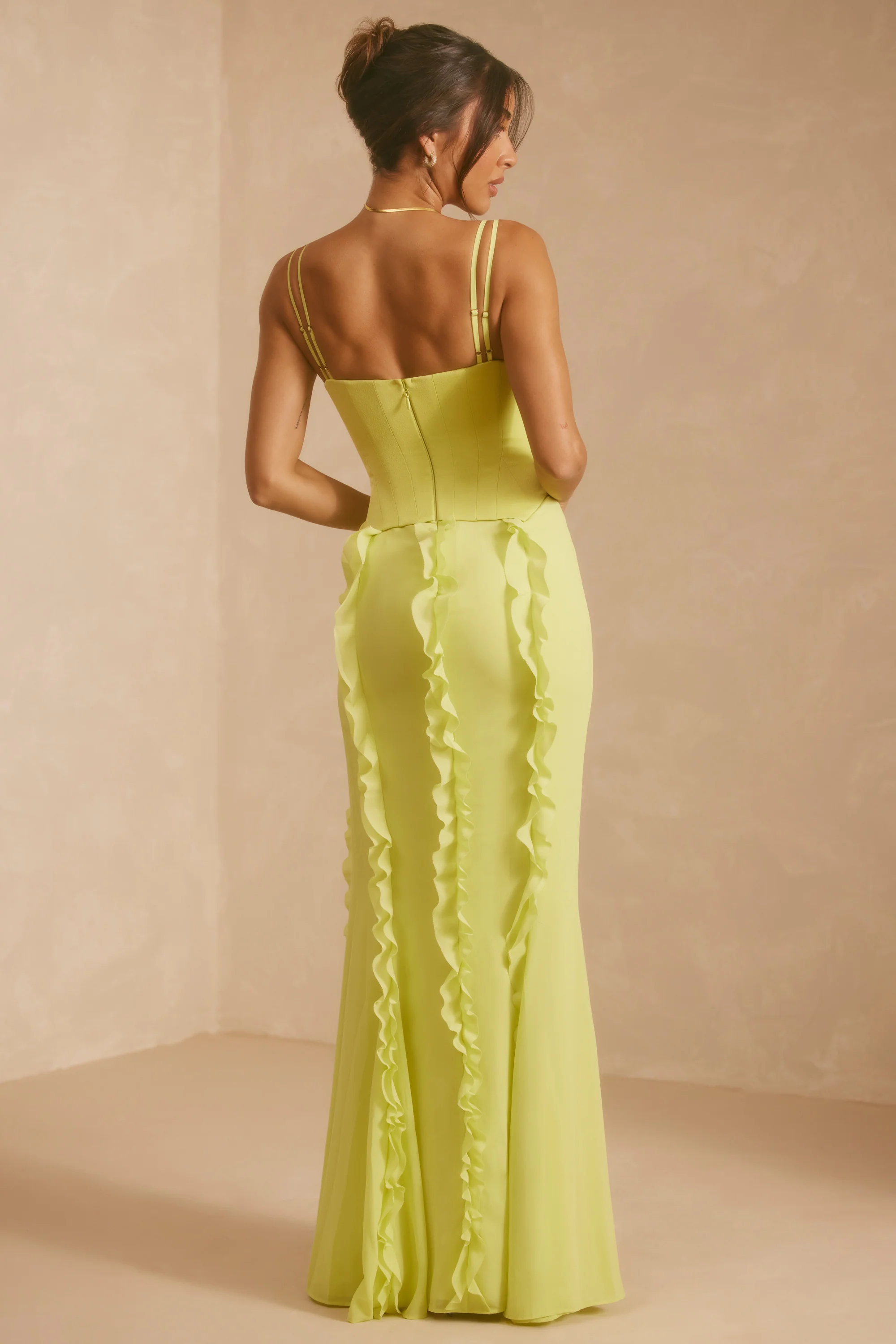 Corset Frill Skirt Maxi Dress in Lime Green - Image 2