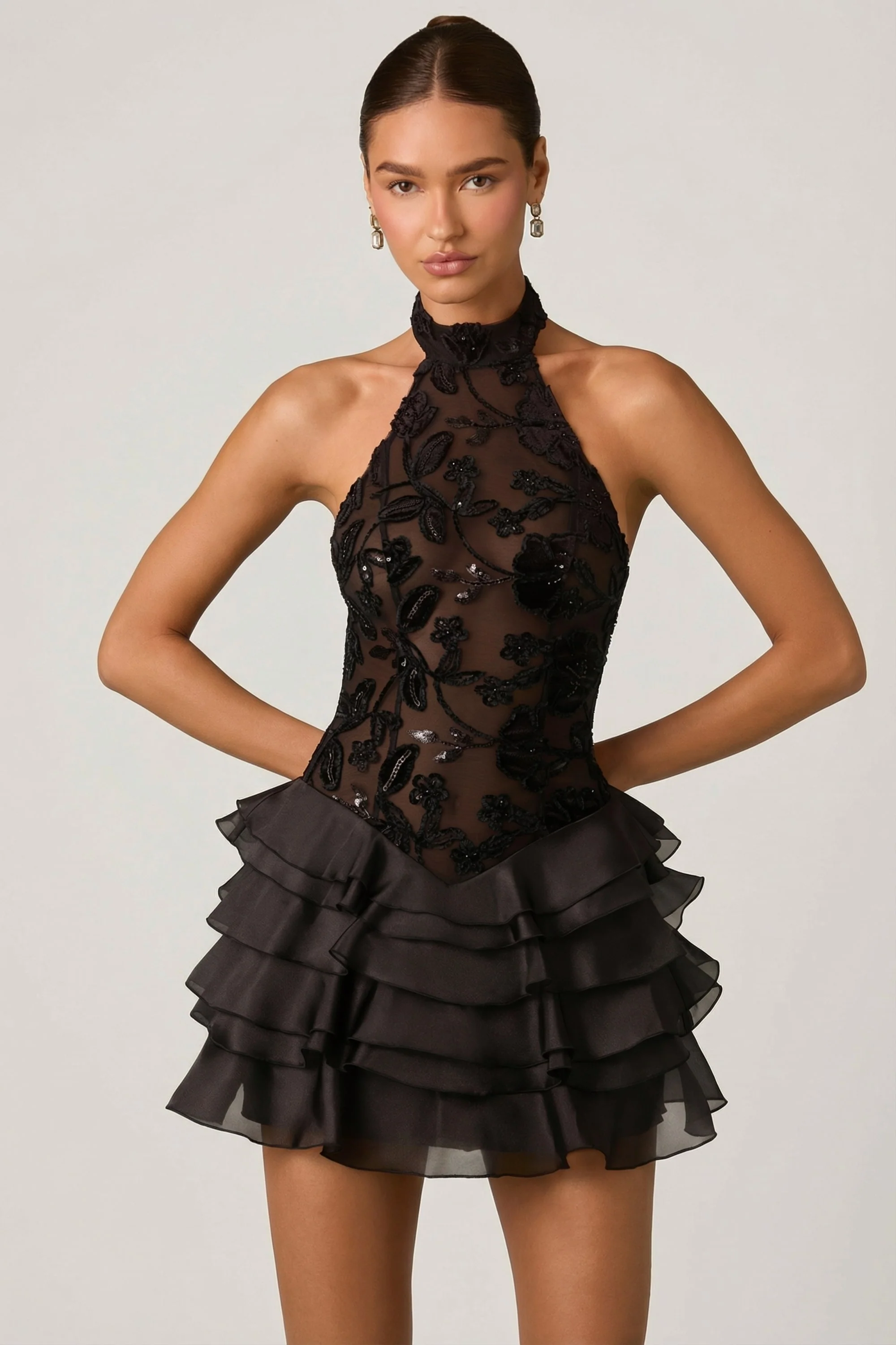 Embellished Ruffled Halterneck Mini Dress in Black - Image 6