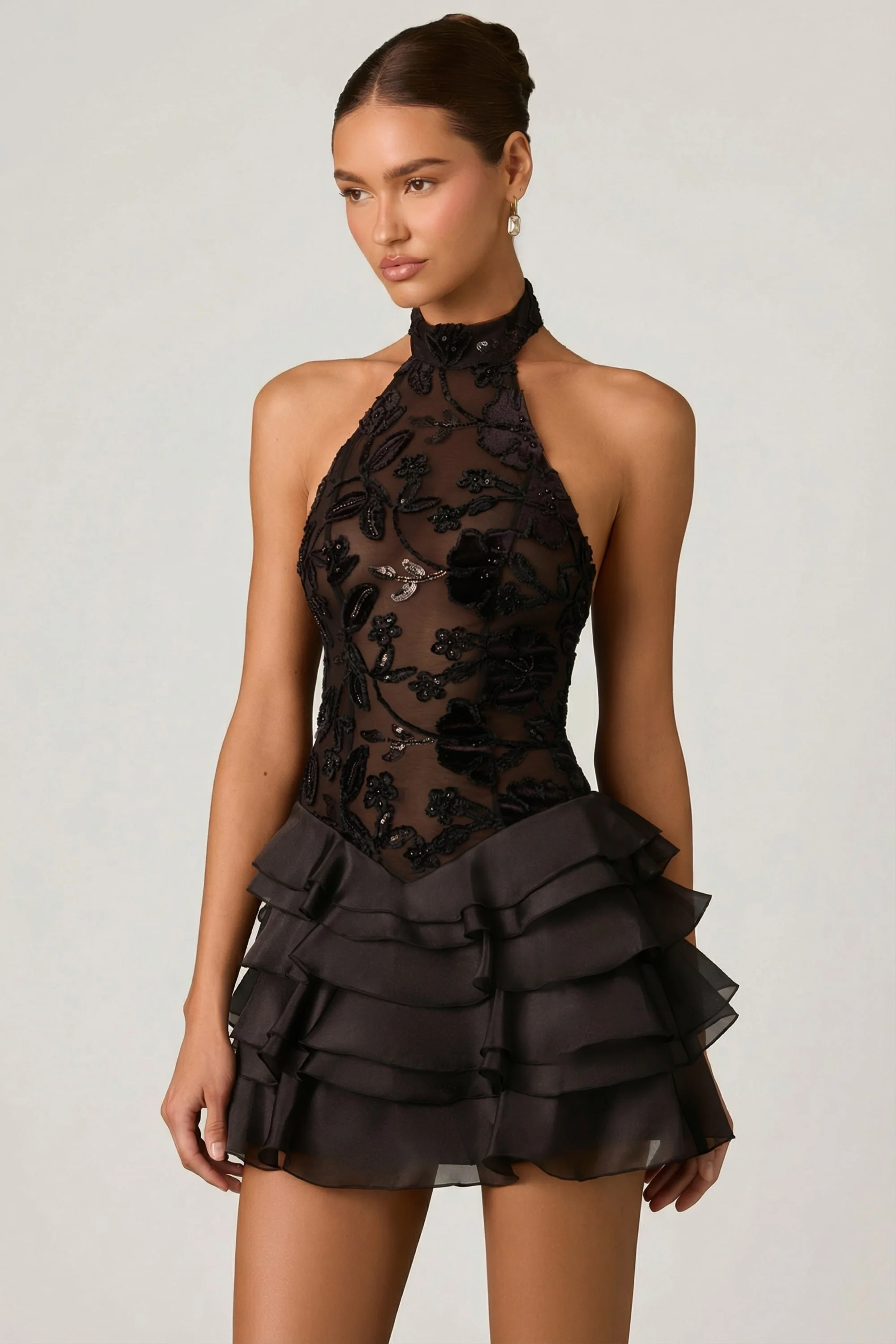 Embellished Ruffled Halterneck Mini Dress in Black - Image 8