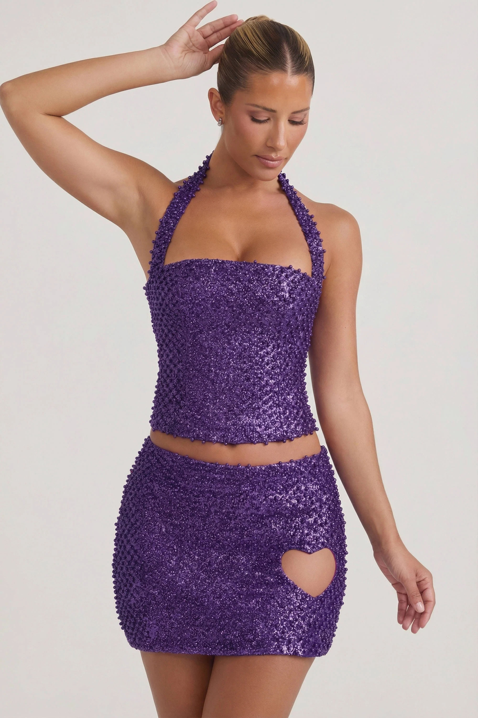 Embellished Heart-Detail A-Line Micro Mini Skirt in Purple - Image 5