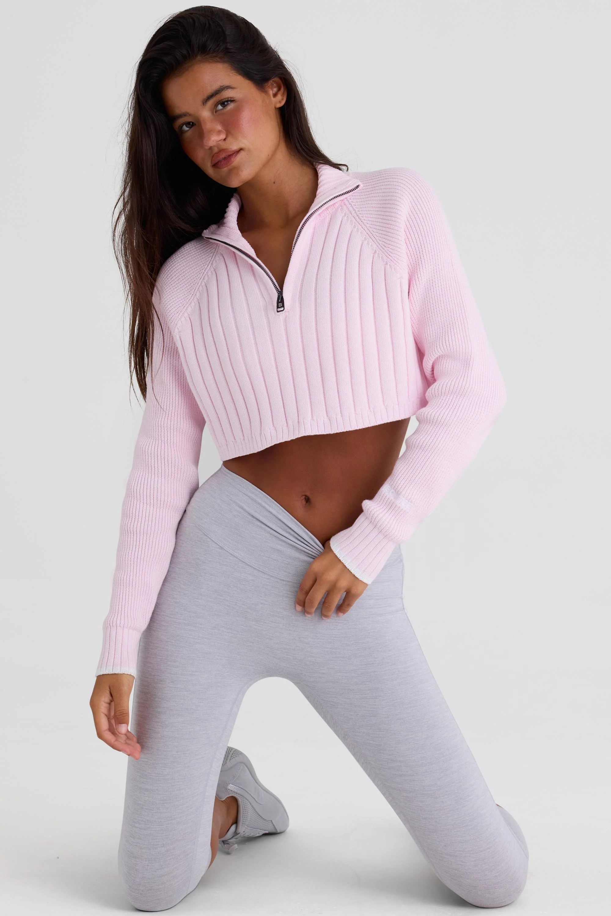 Ribbed Knit Quarter-Zip Cropped Jumper in Powder Pink
