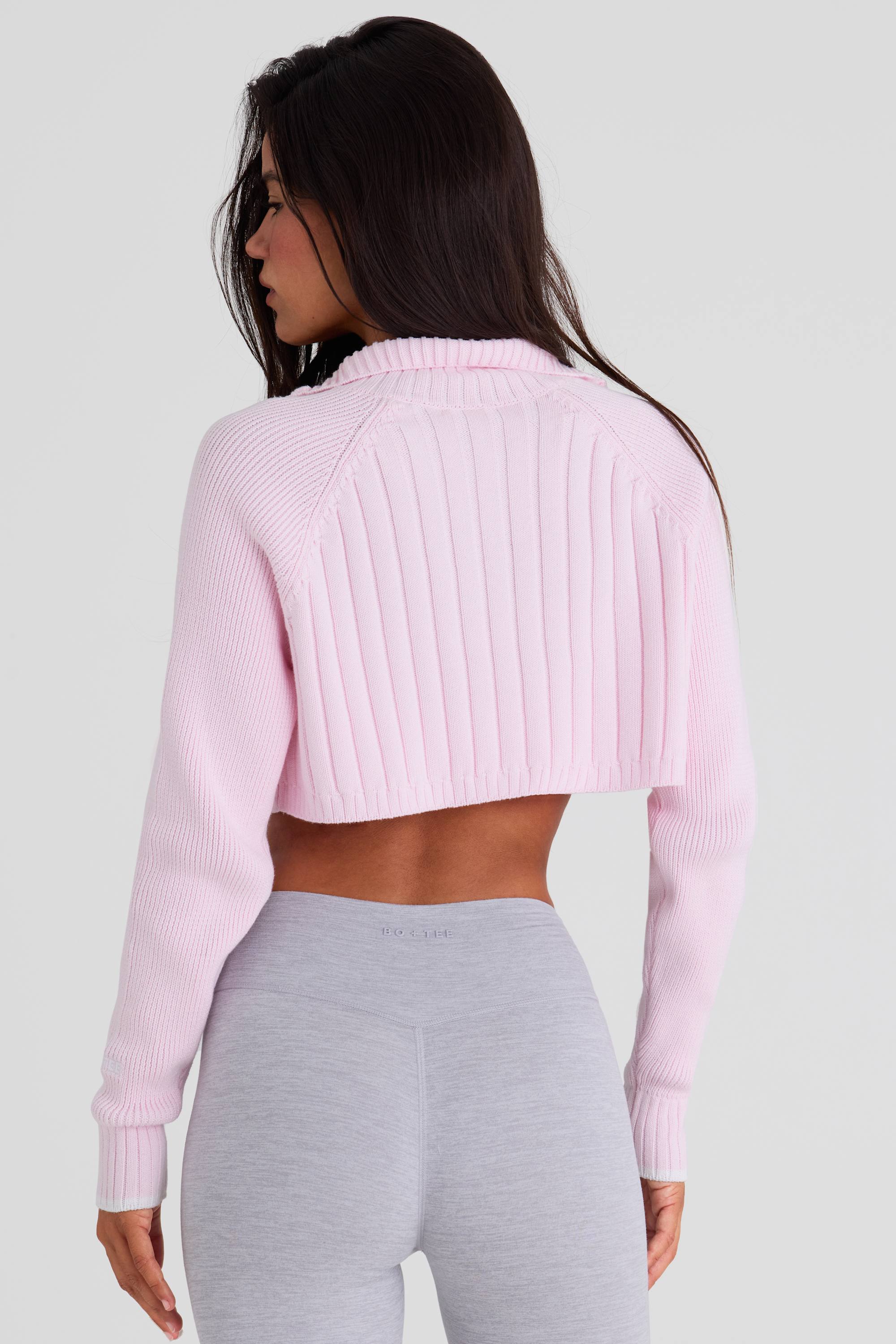 Ribbed Knit Quarter-Zip Cropped Jumper in Powder Pink - Image 2