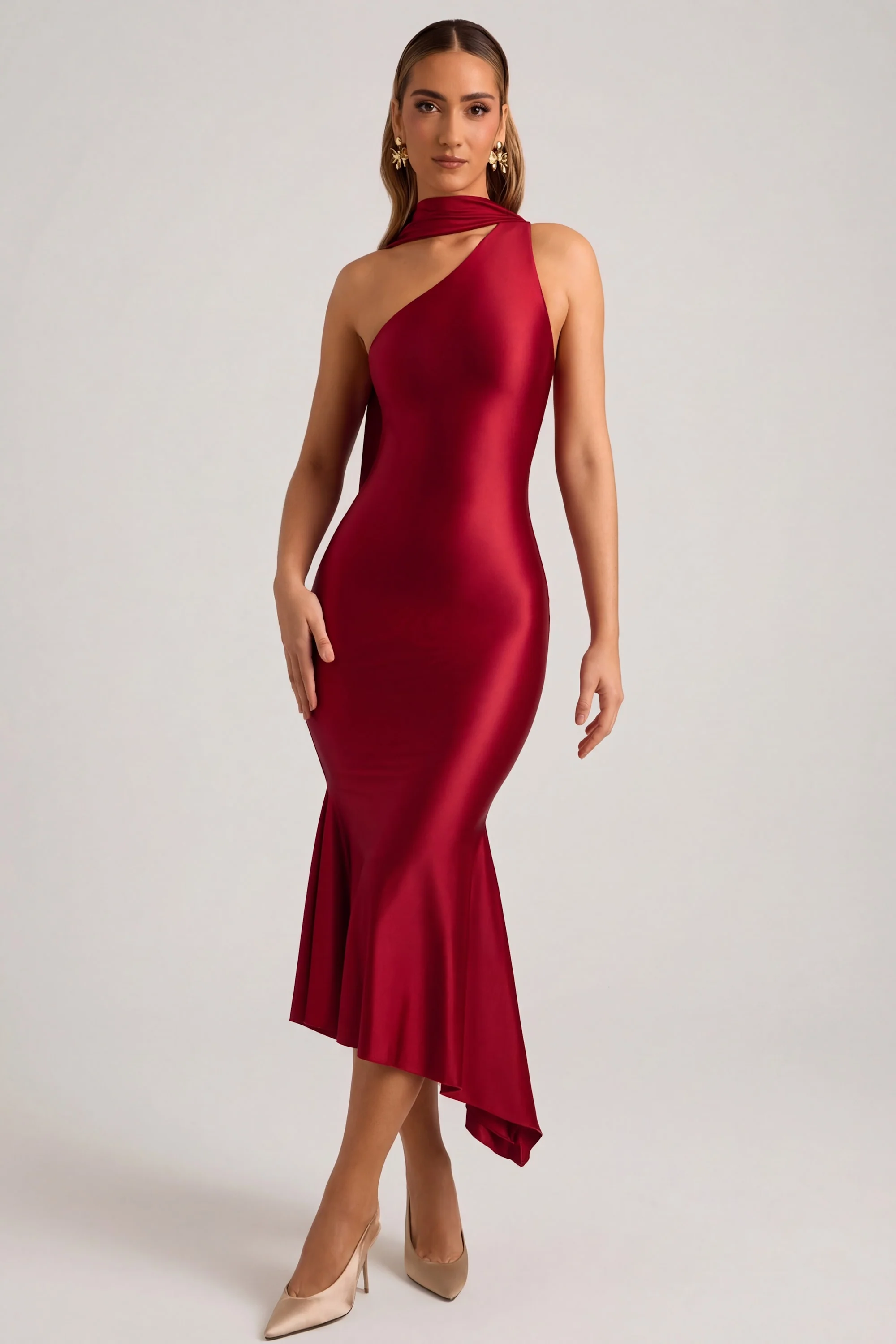 Asymmetric Scarf-Detail Midaxi Dress in True Red - Image 6