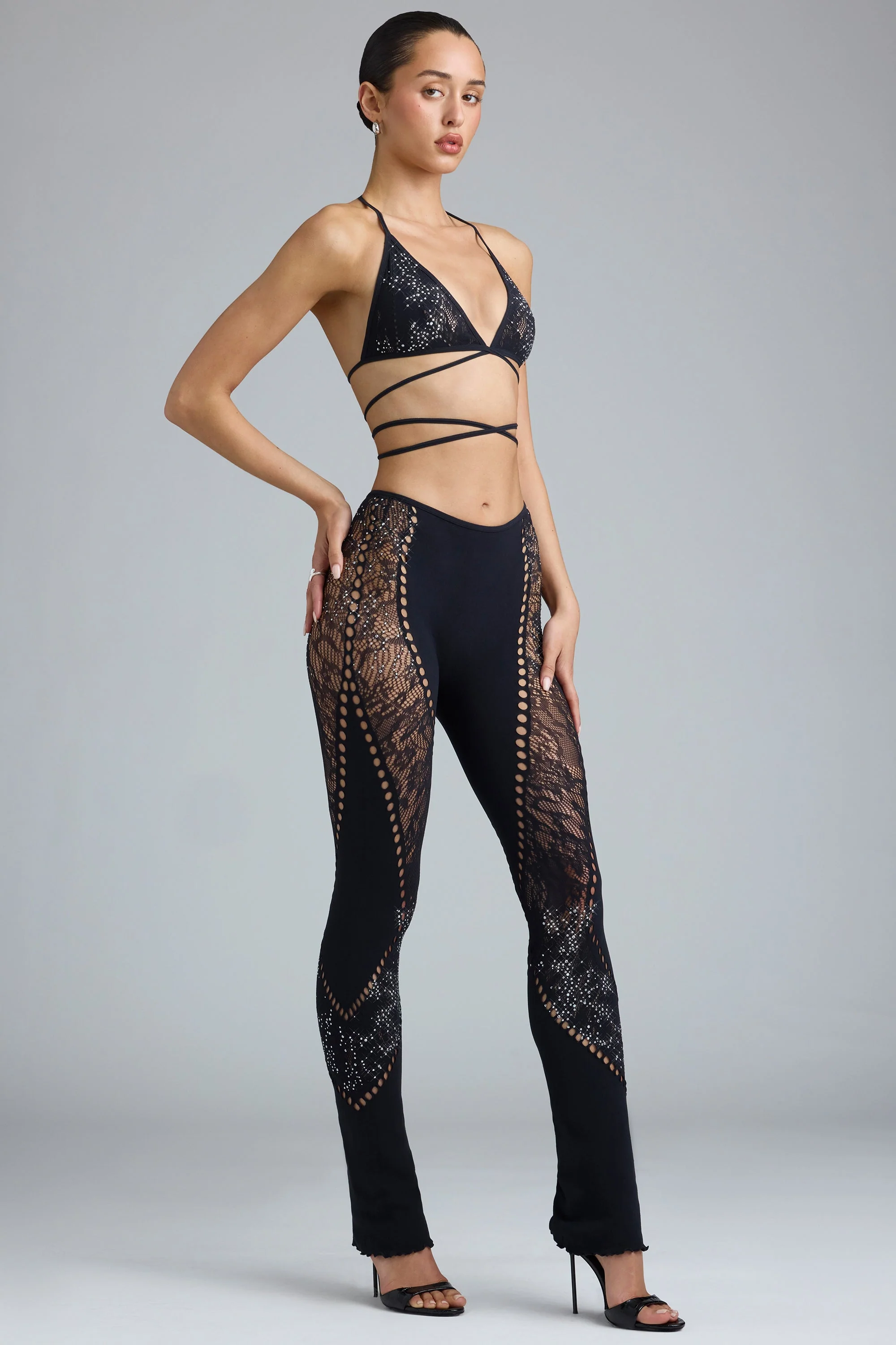 Embellished Mid-Rise Flared Trousers in Black - Image 3