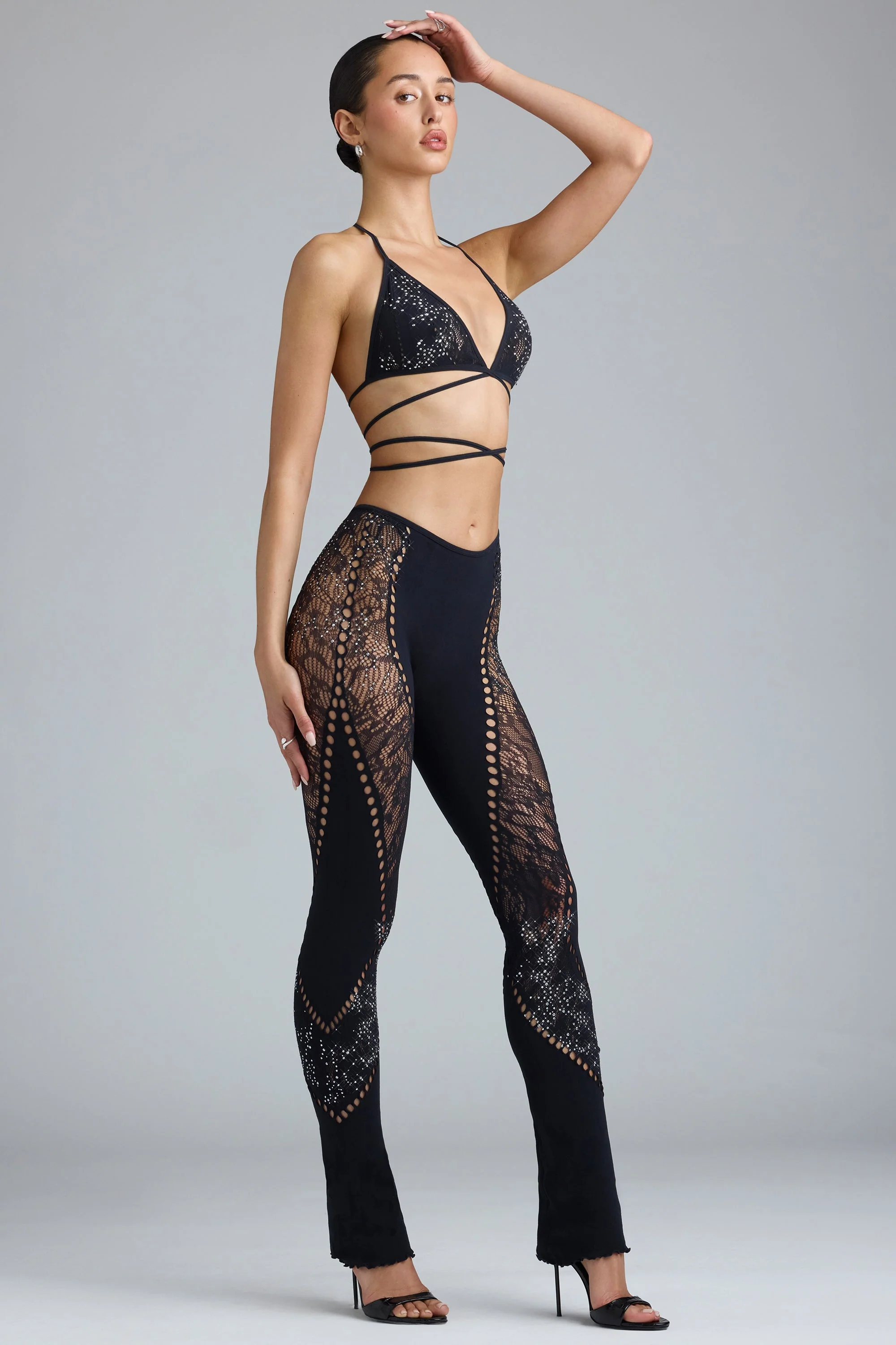 Embellished Mid-Rise Flared Trousers in Black - Image 8