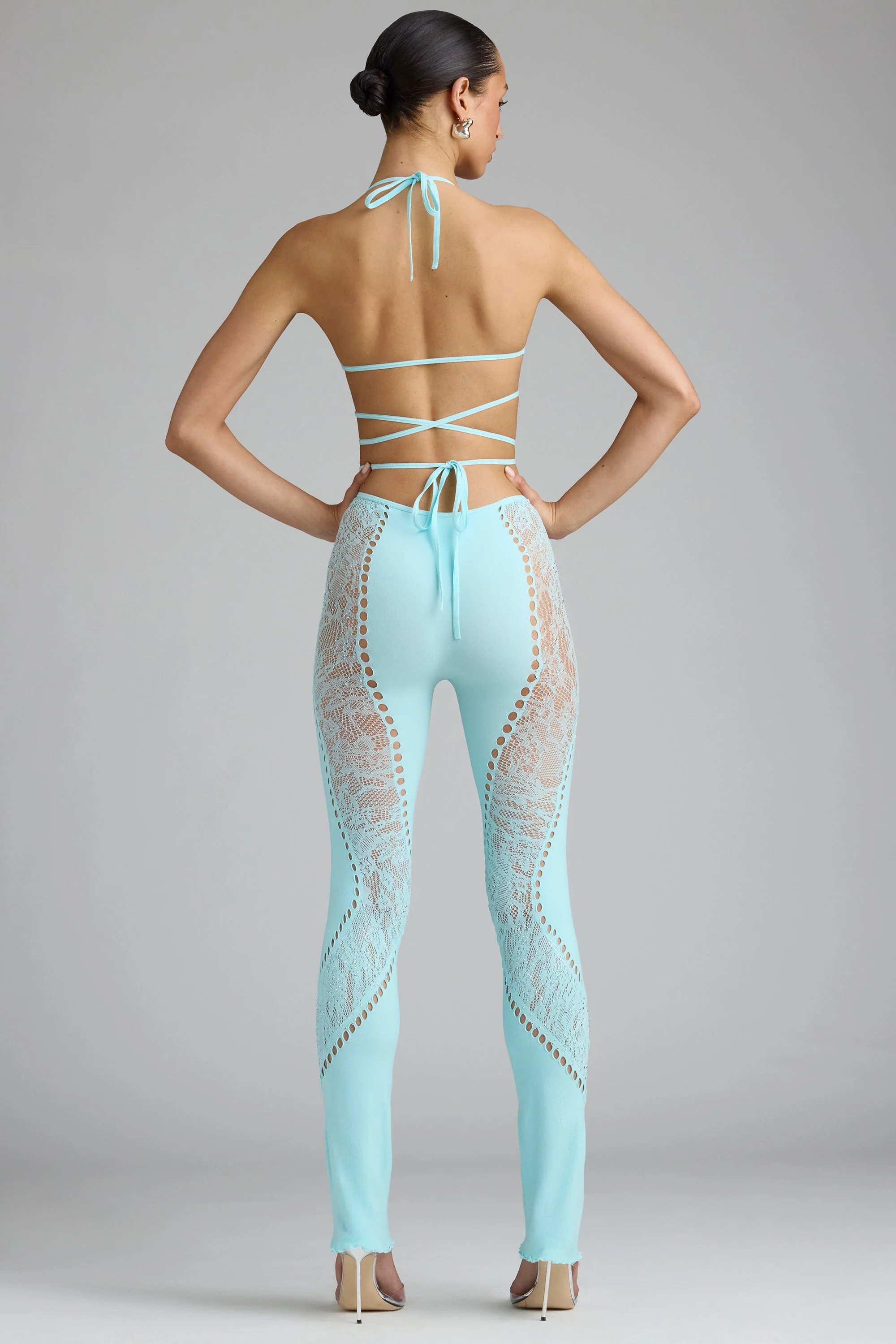 Embellished Mid-Rise Flared Trousers in Ice Blue - Image 4