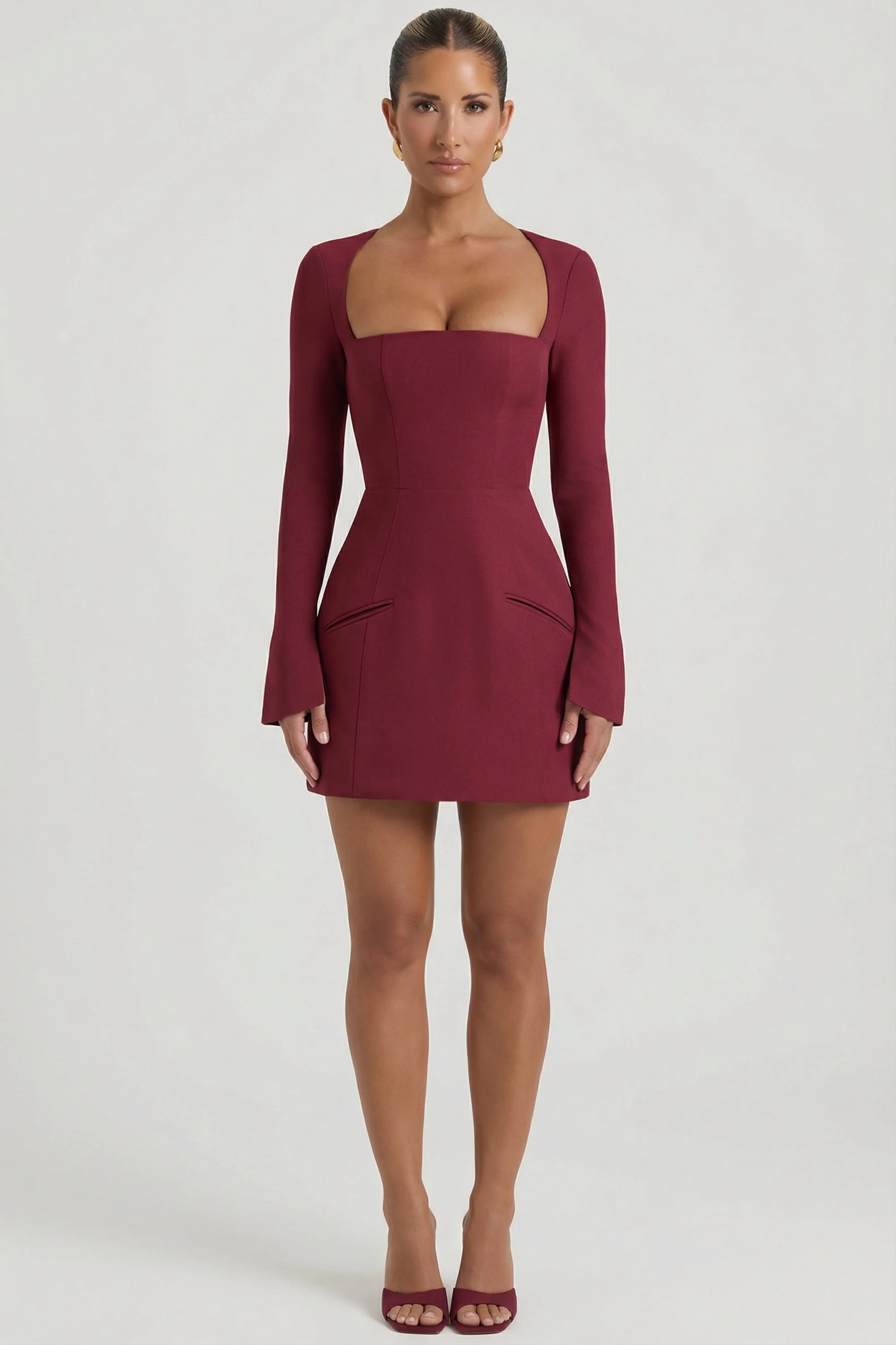 Square-Neck Structured Tulip Mini Dress in Wine Red - Image 5