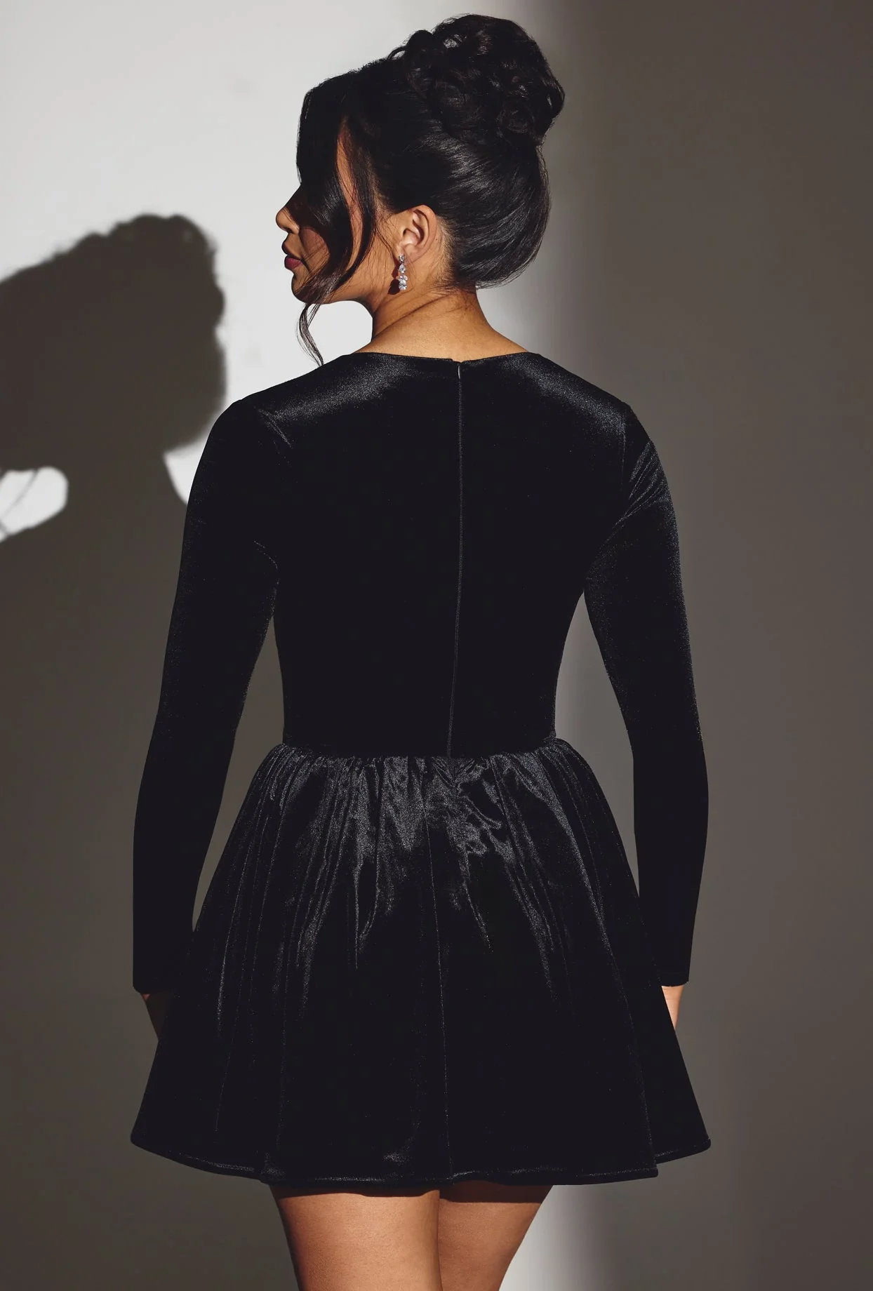 Velvet Long Sleeve Corset Mini Dress in Jet Black - Image 2