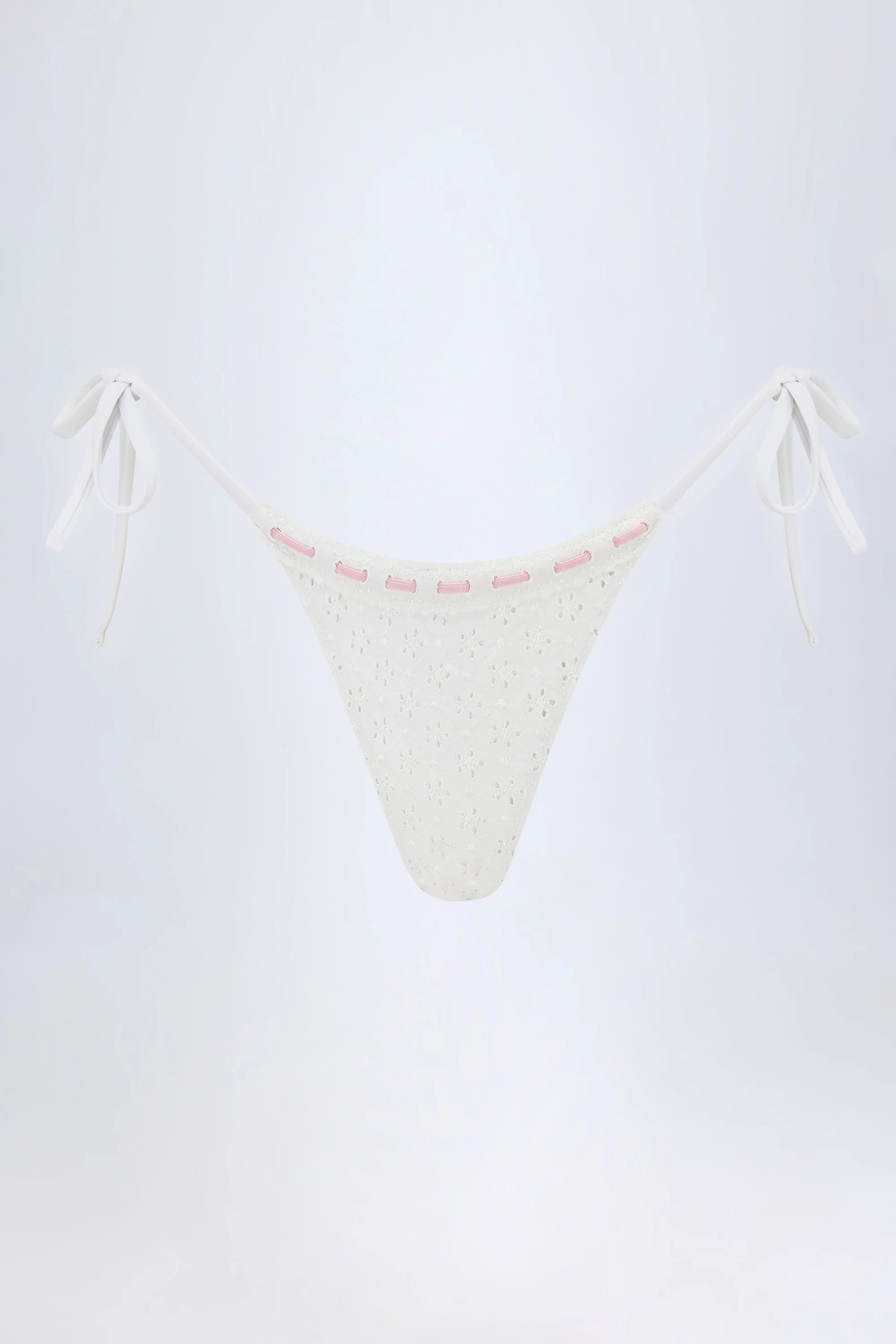 Broderie Anglaise Side-Tie Thong Bikini Bottoms in White - Image 3