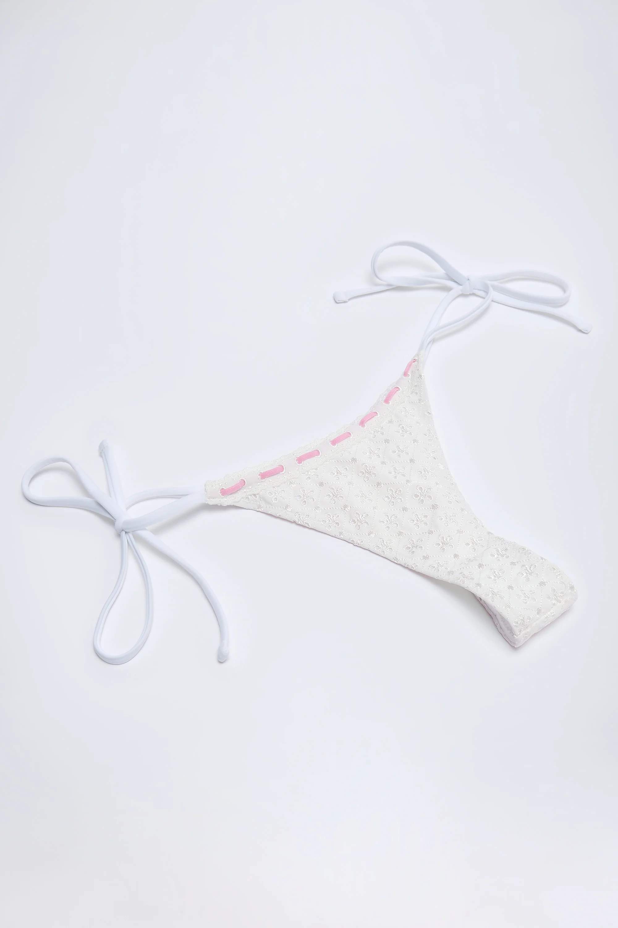Broderie Anglaise Side-Tie Thong Bikini Bottoms in White - Image 9