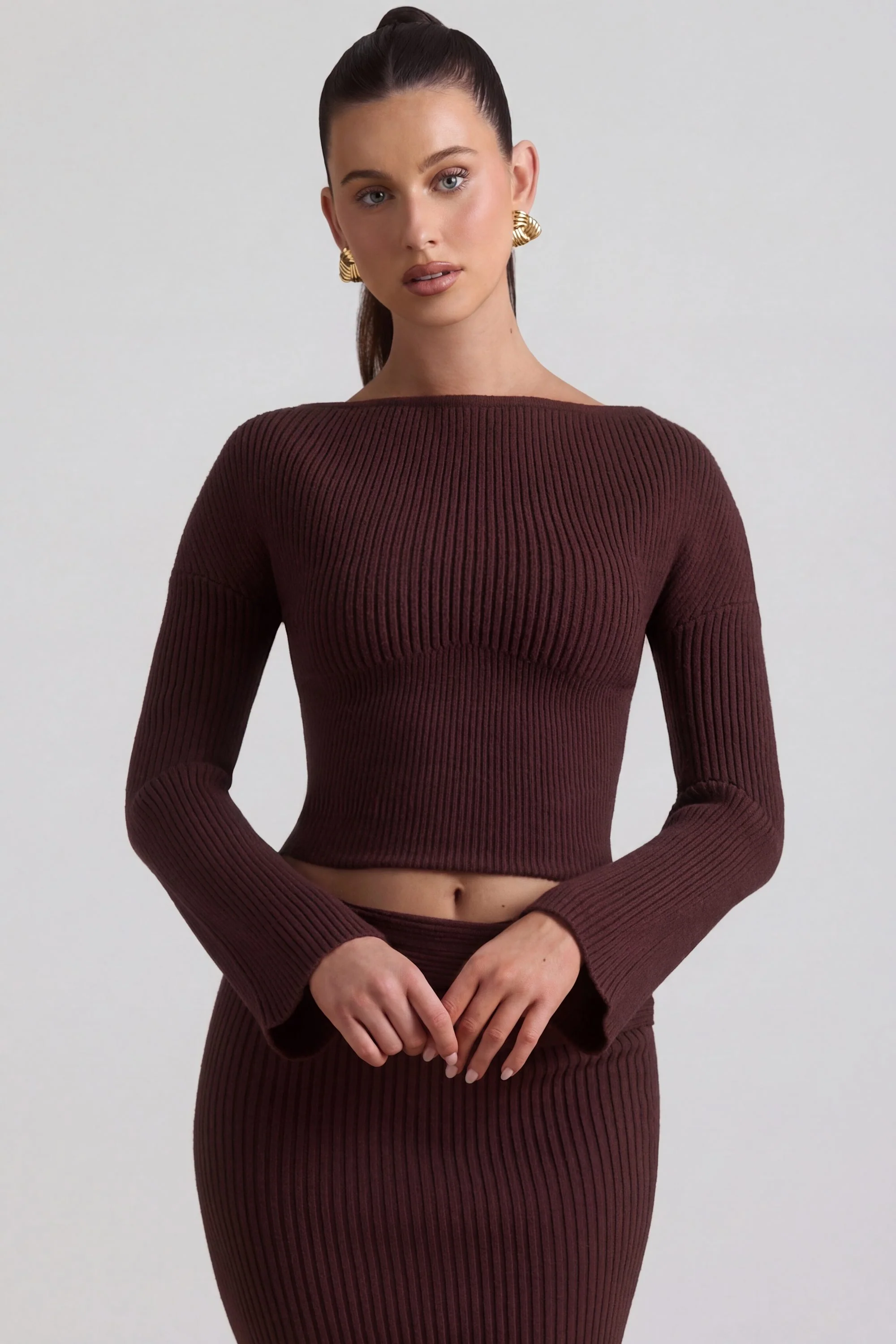 Ribbed-Knit Slash-Neck Top in Espresso - Image 6