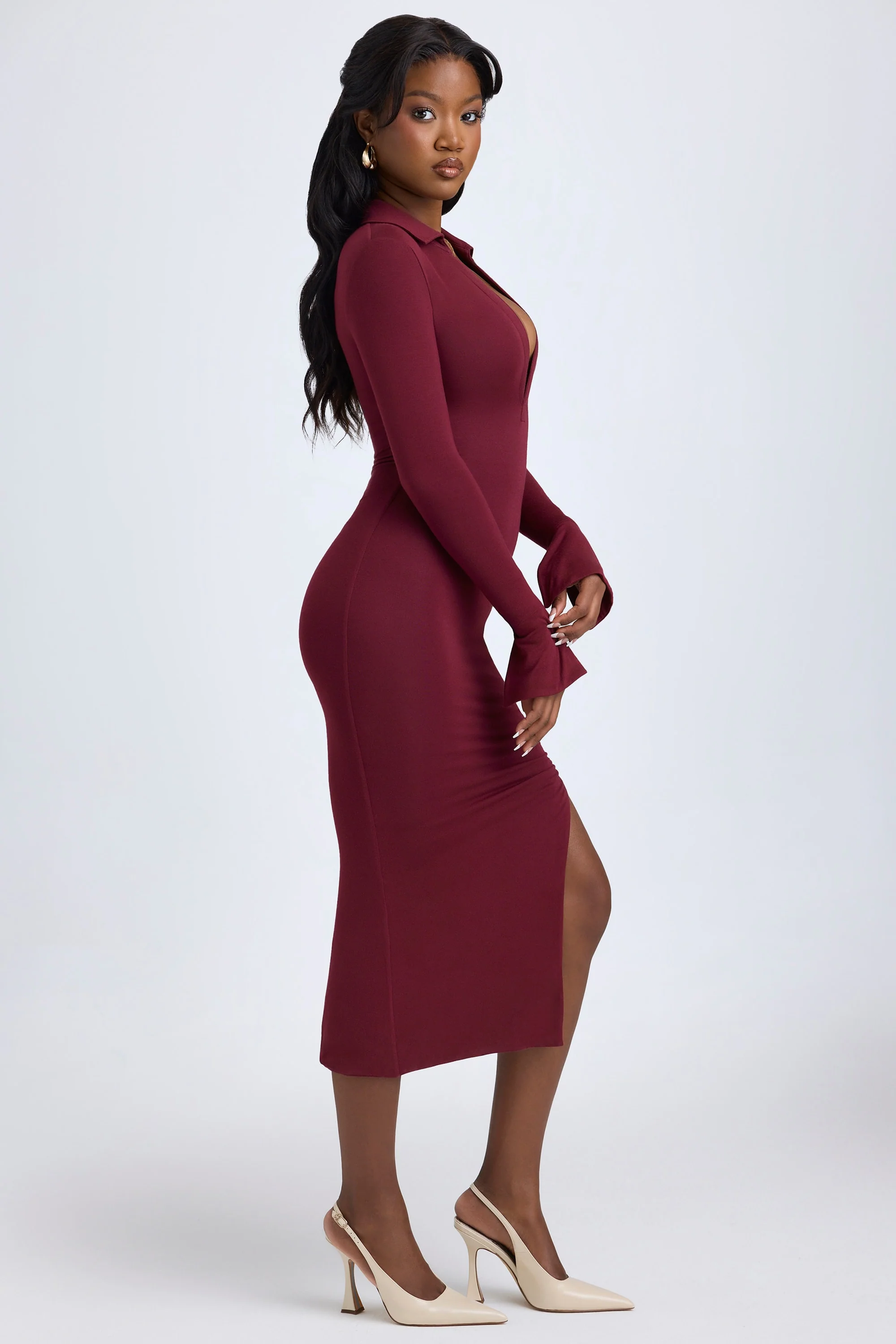 Modal Plunge V-Neck Midaxi Dress in Wine Red - Image 3
